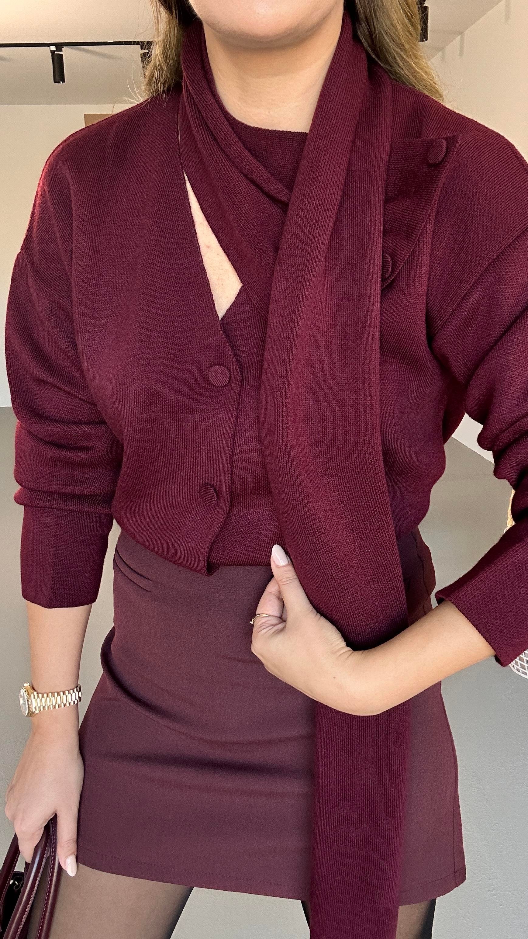 Çıkarılabilir Atkı Yakalı Bordo Hırka