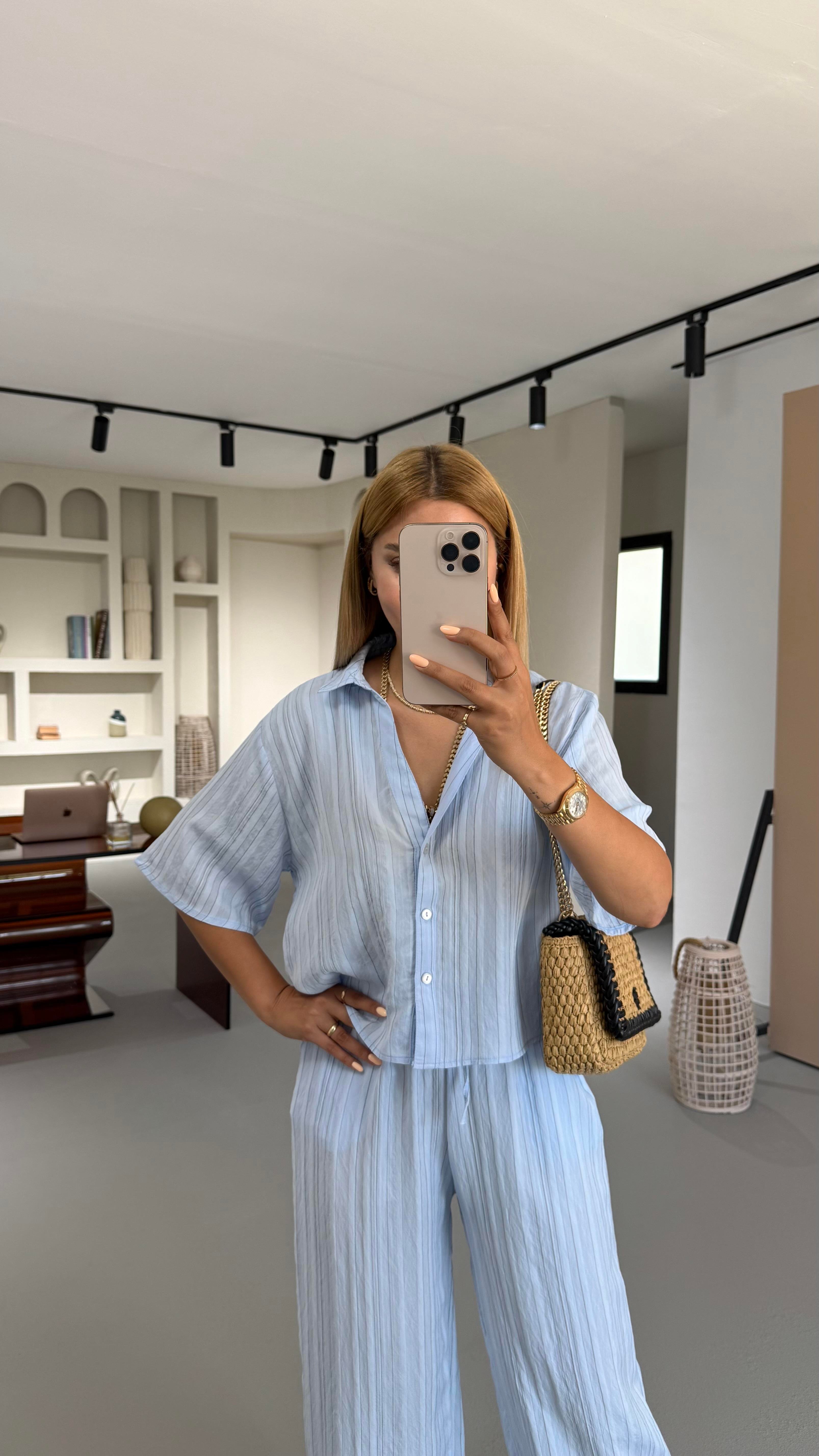 Çizgili Gömlek Pantolon Bebe Mavi Vual Takım