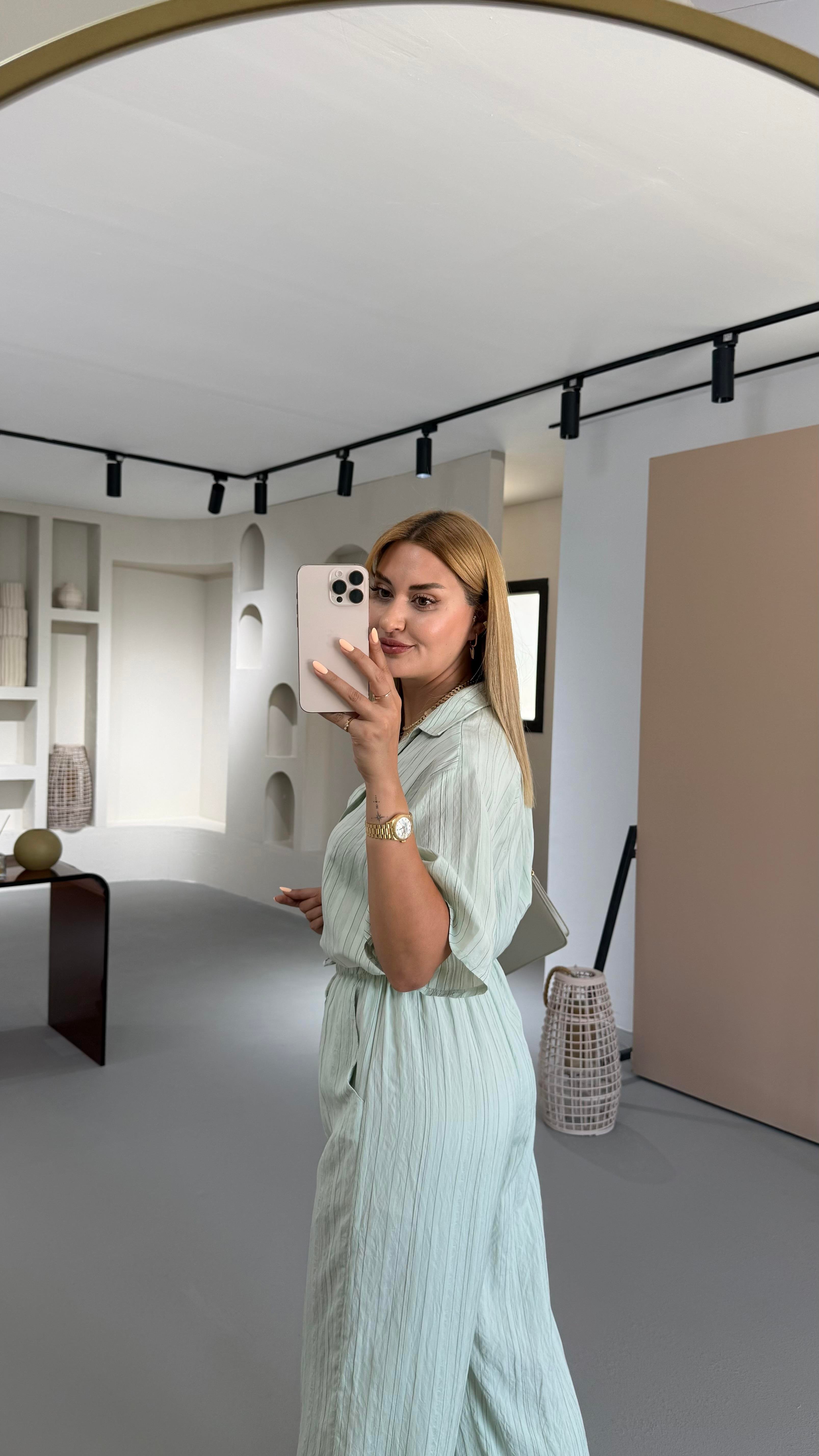 Çizgili Gömlek Pantolon Mint Vual Takım