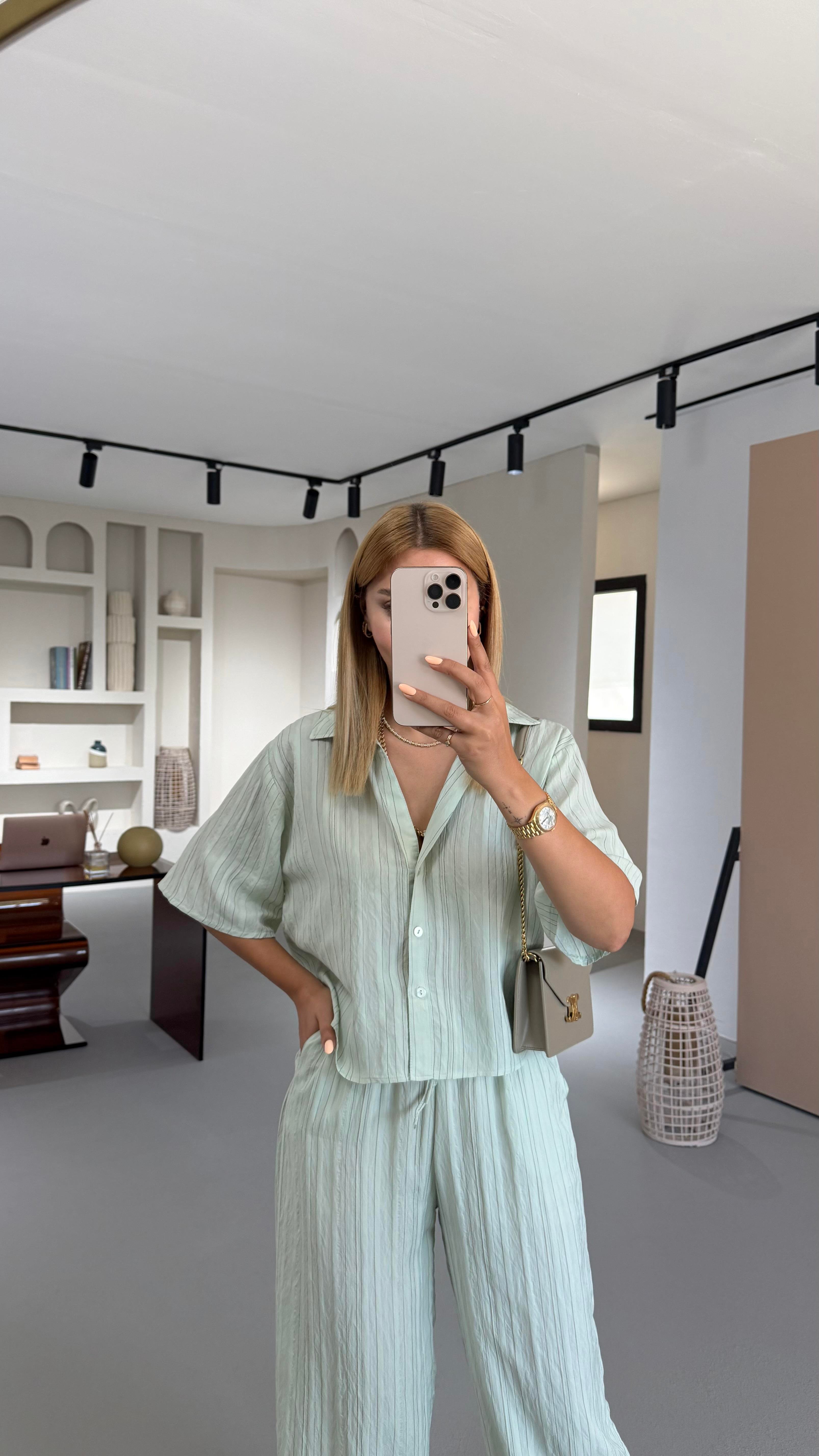 Çizgili Gömlek Pantolon Mint Vual Takım