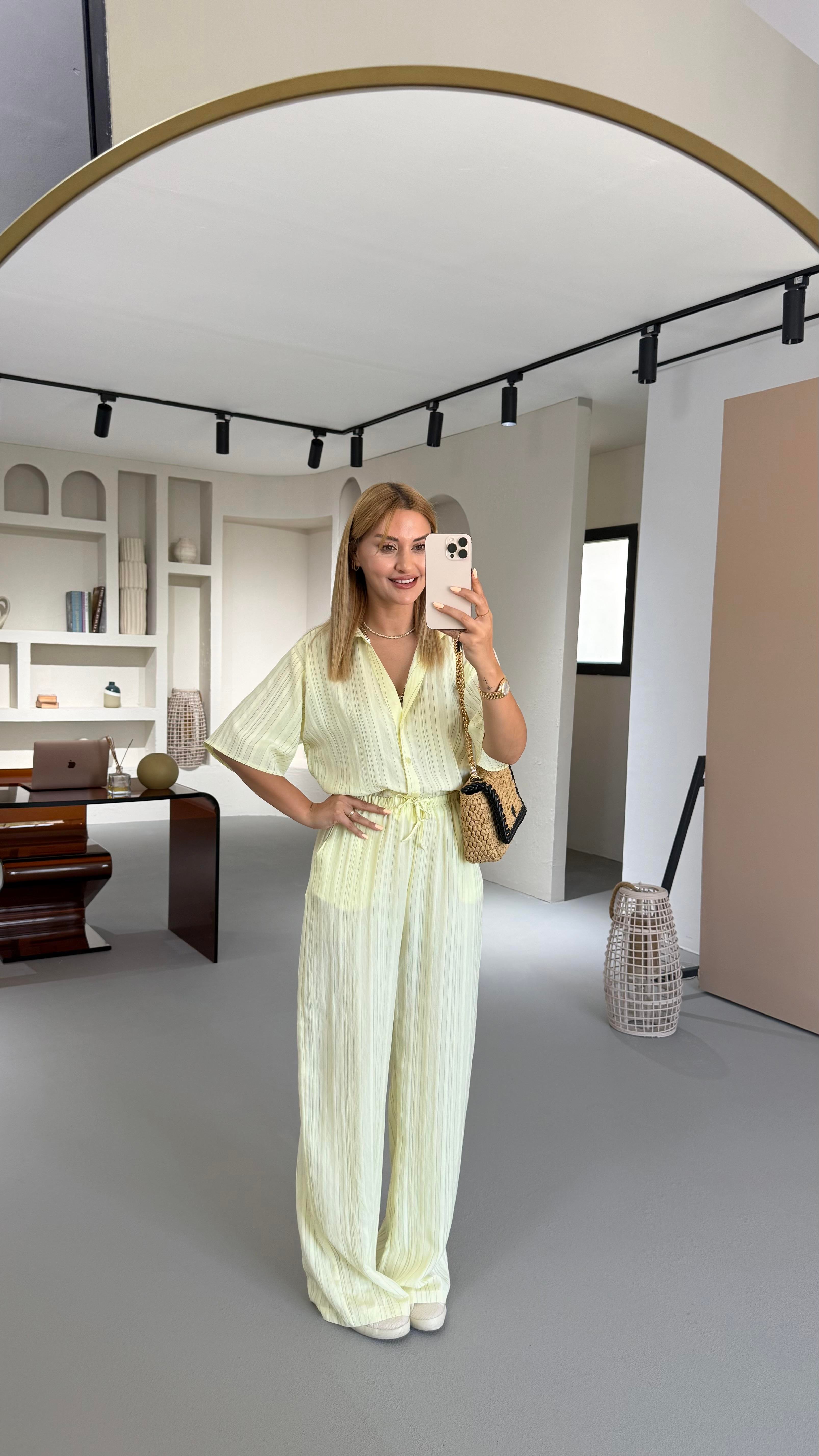 Çizgili Gömlek Pantolon Sarı Vual Takım