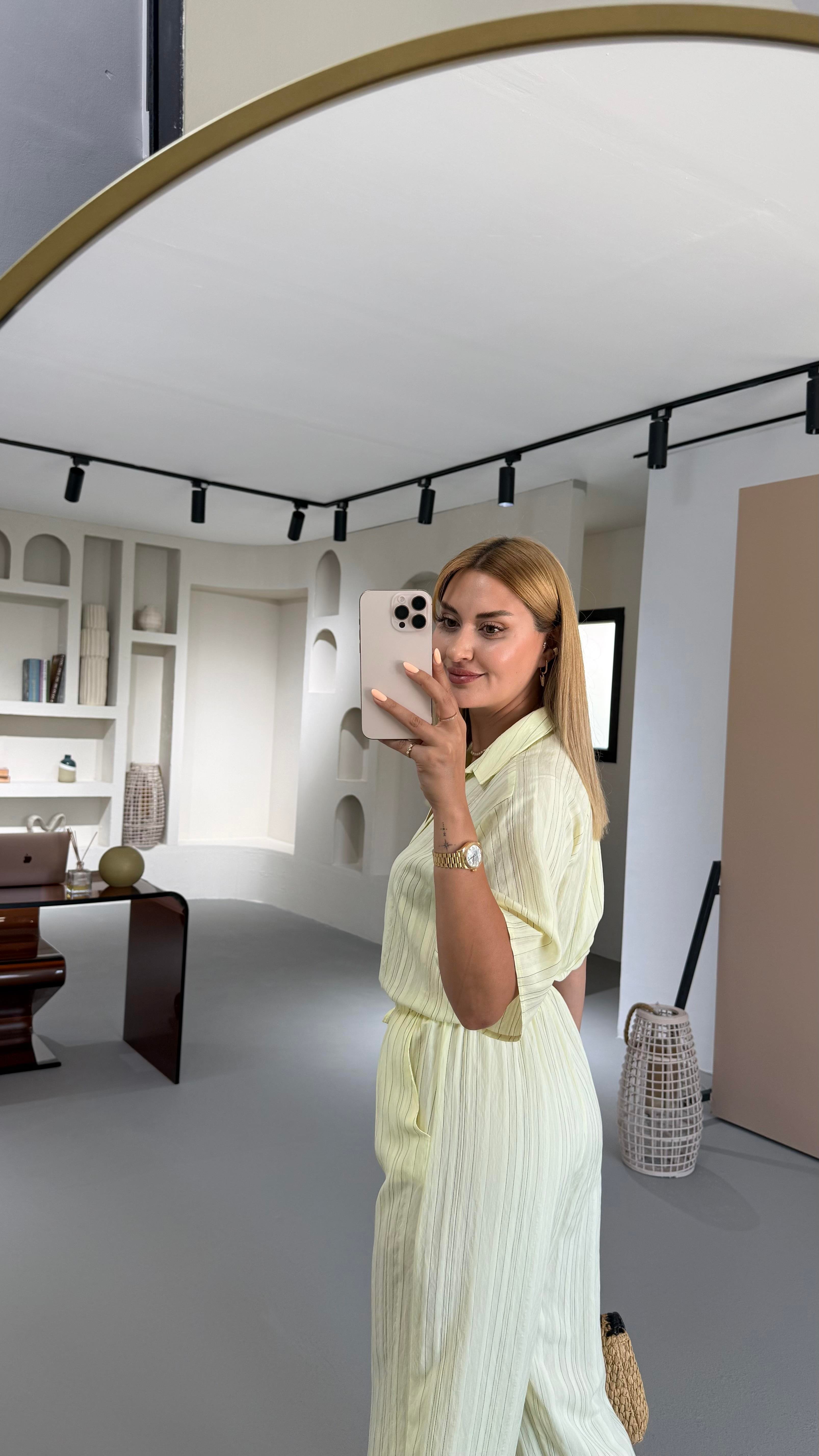 Çizgili Gömlek Pantolon Sarı Vual Takım