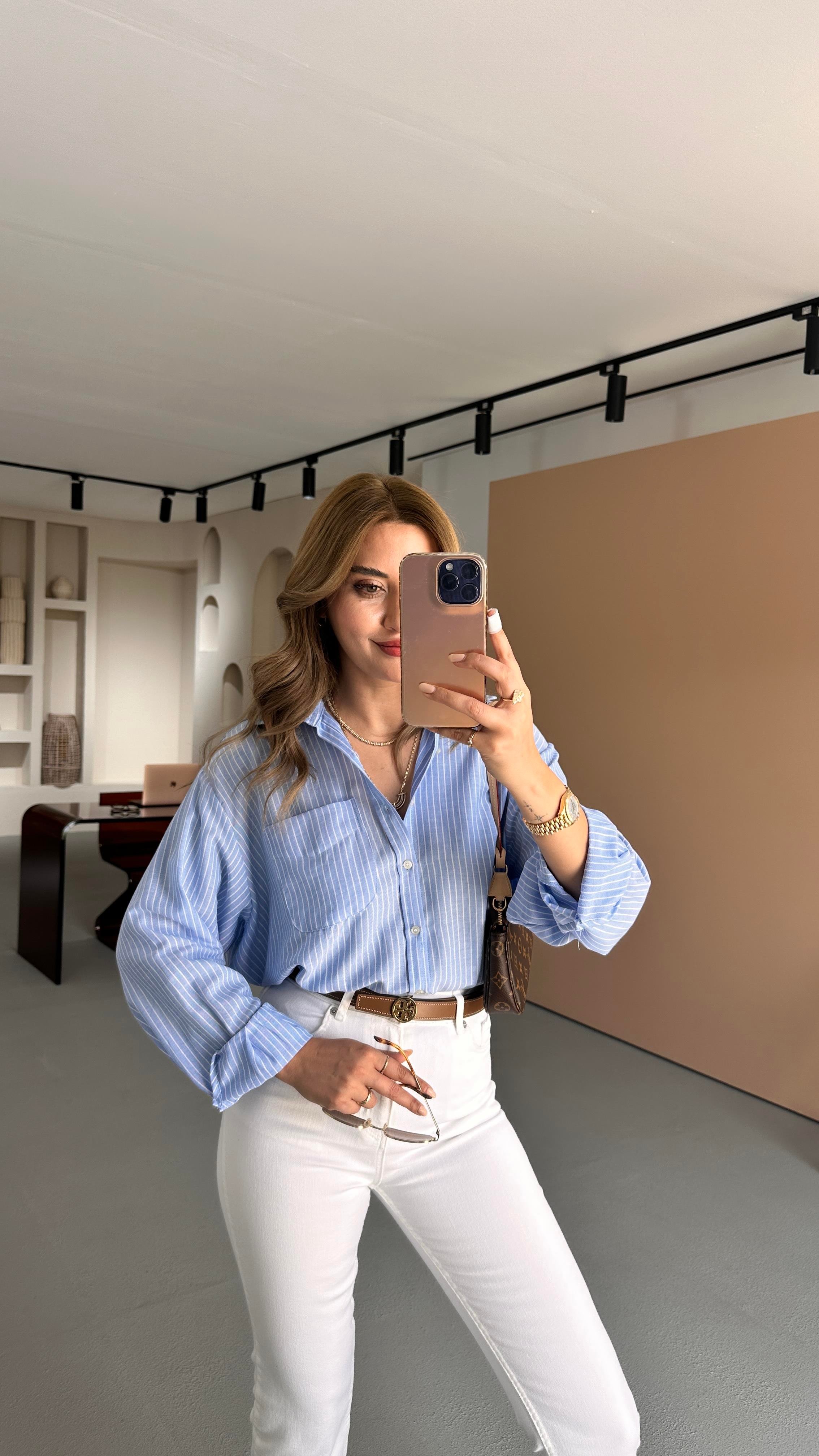Çizgili Mavi Oversize Gömlek
