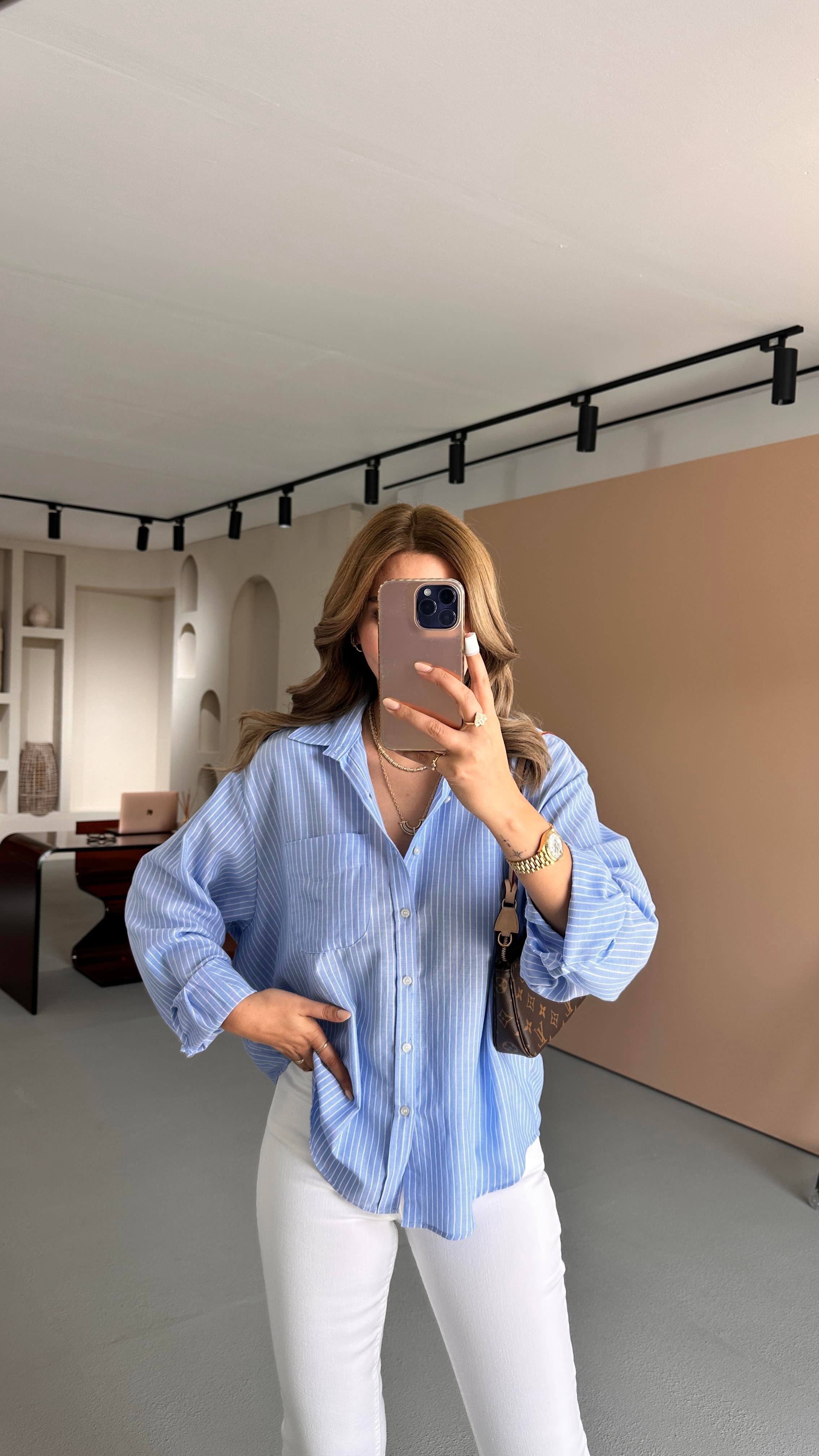 Çizgili Mavi Oversize Gömlek