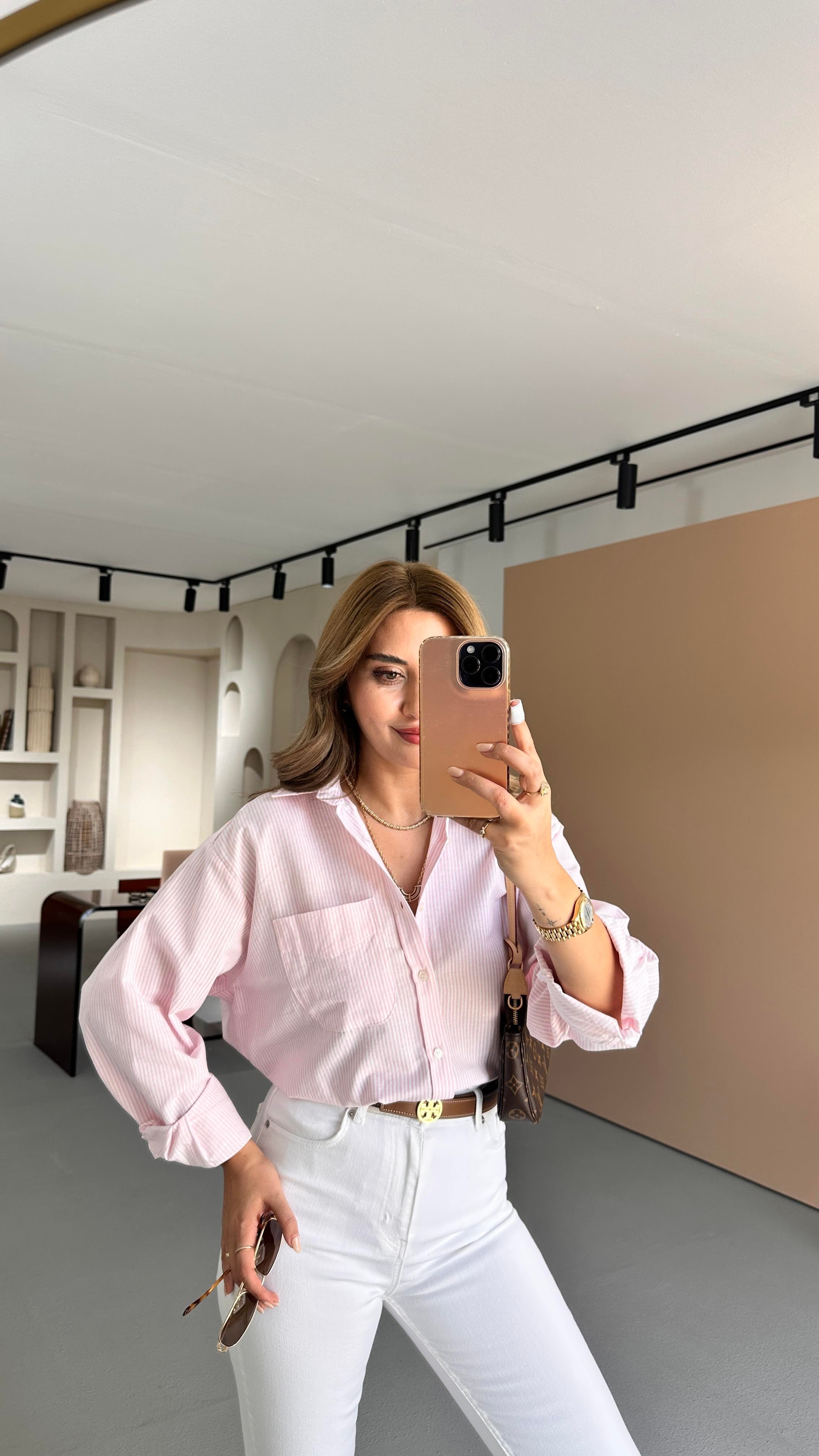 Çizgili Pembe Oversize Gömlek