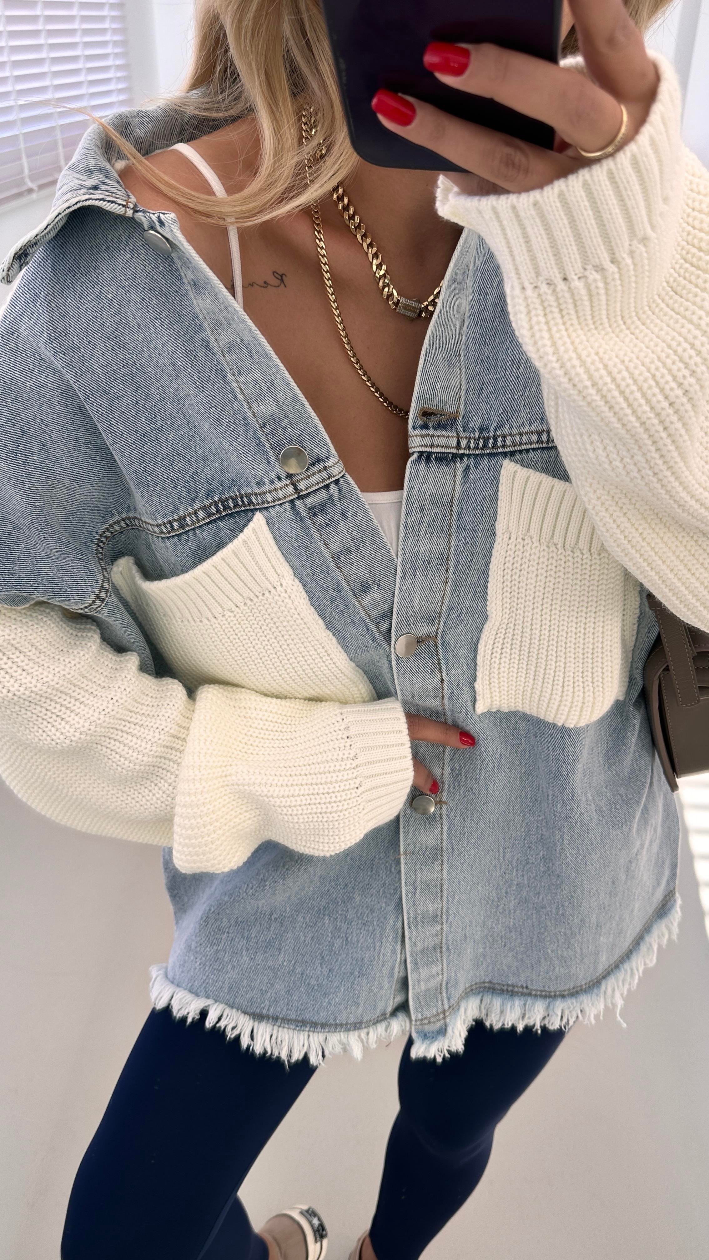Denim Detay Cepli Oversize Ekru Hırka
