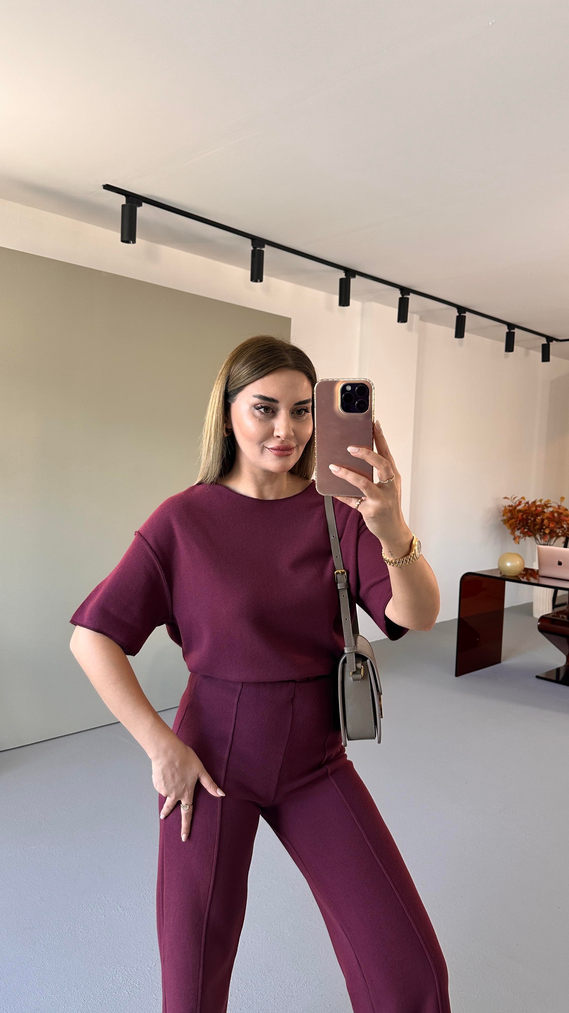 Dikiş Detay Bordo Fitilli Yumoş Bluz