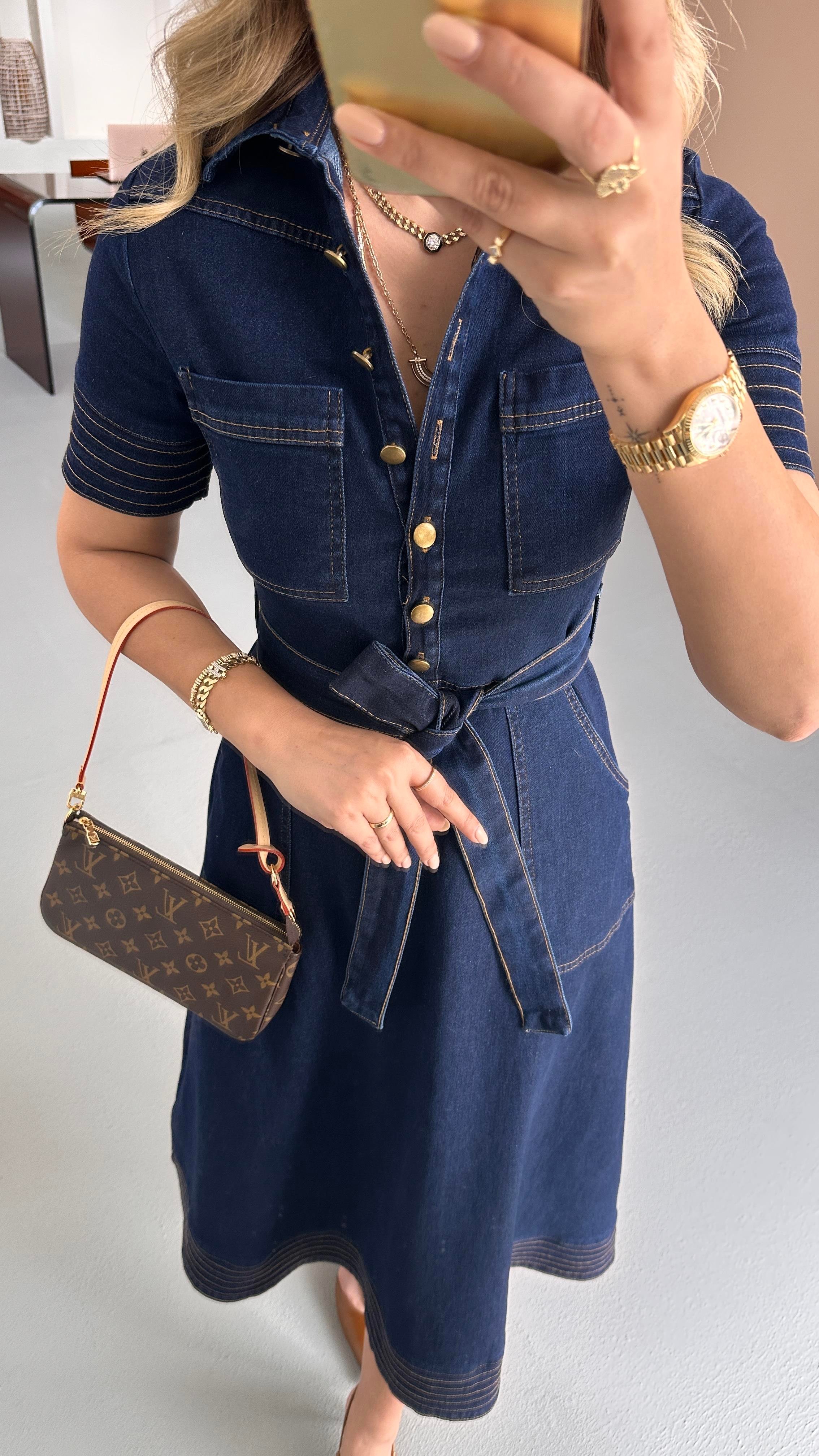 Dikiş Detay Yarım Kol Lacivert Çan Denim Elbise