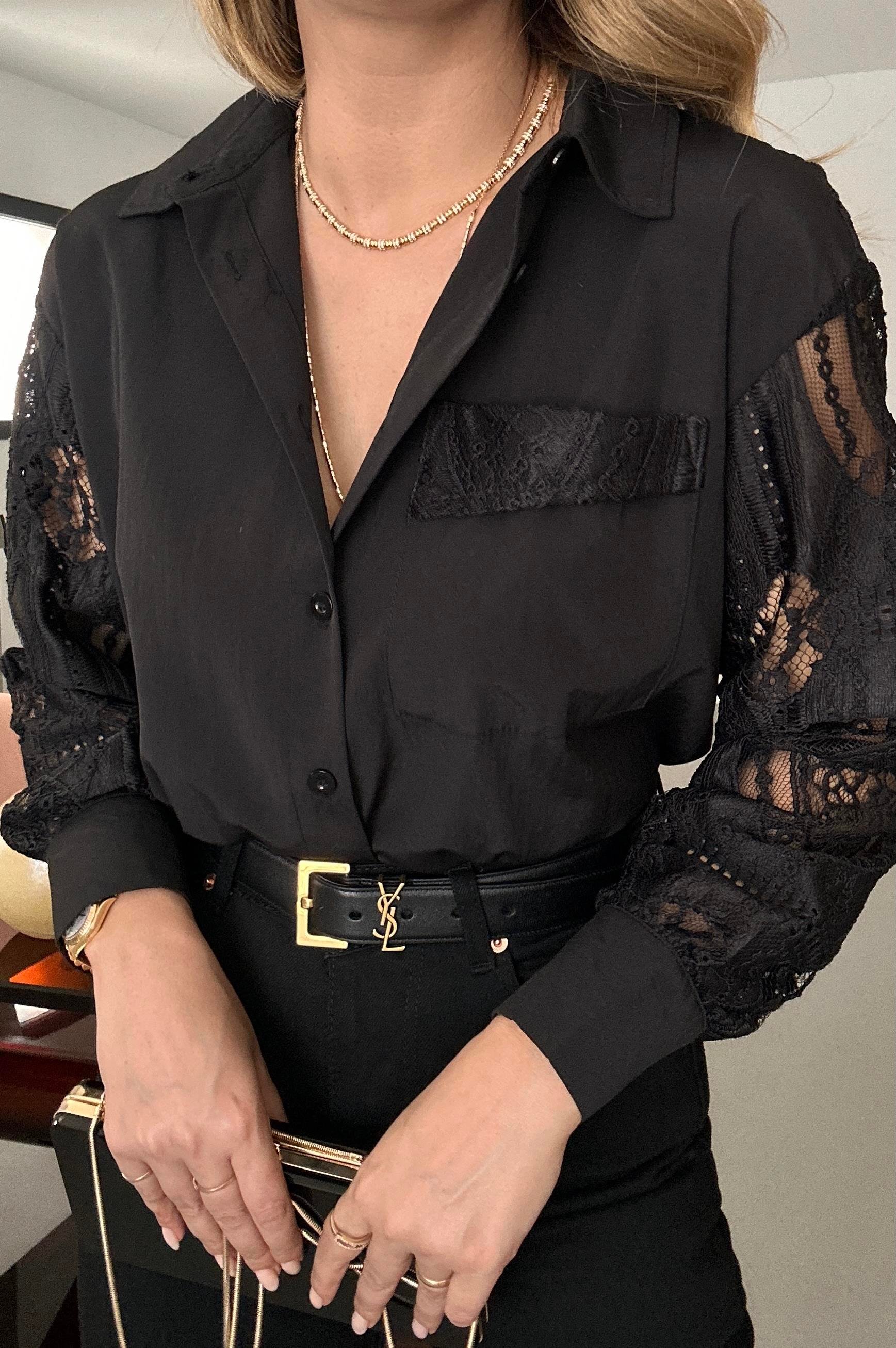 Dokulu Dantel Detay Siyah Gömlek
