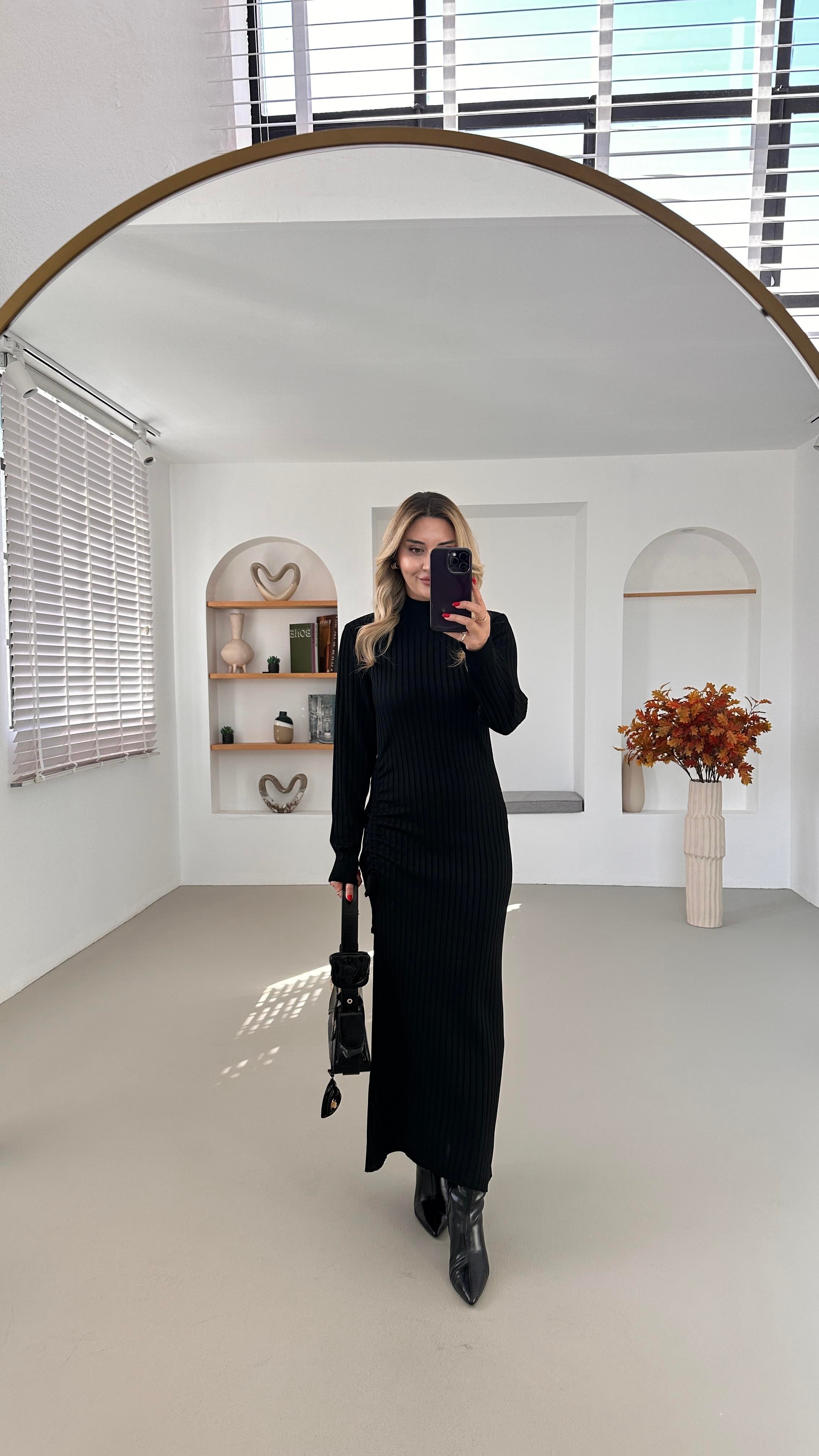Drape Detay Balıkçı Yaka Siyah Maxi Triko Elbise