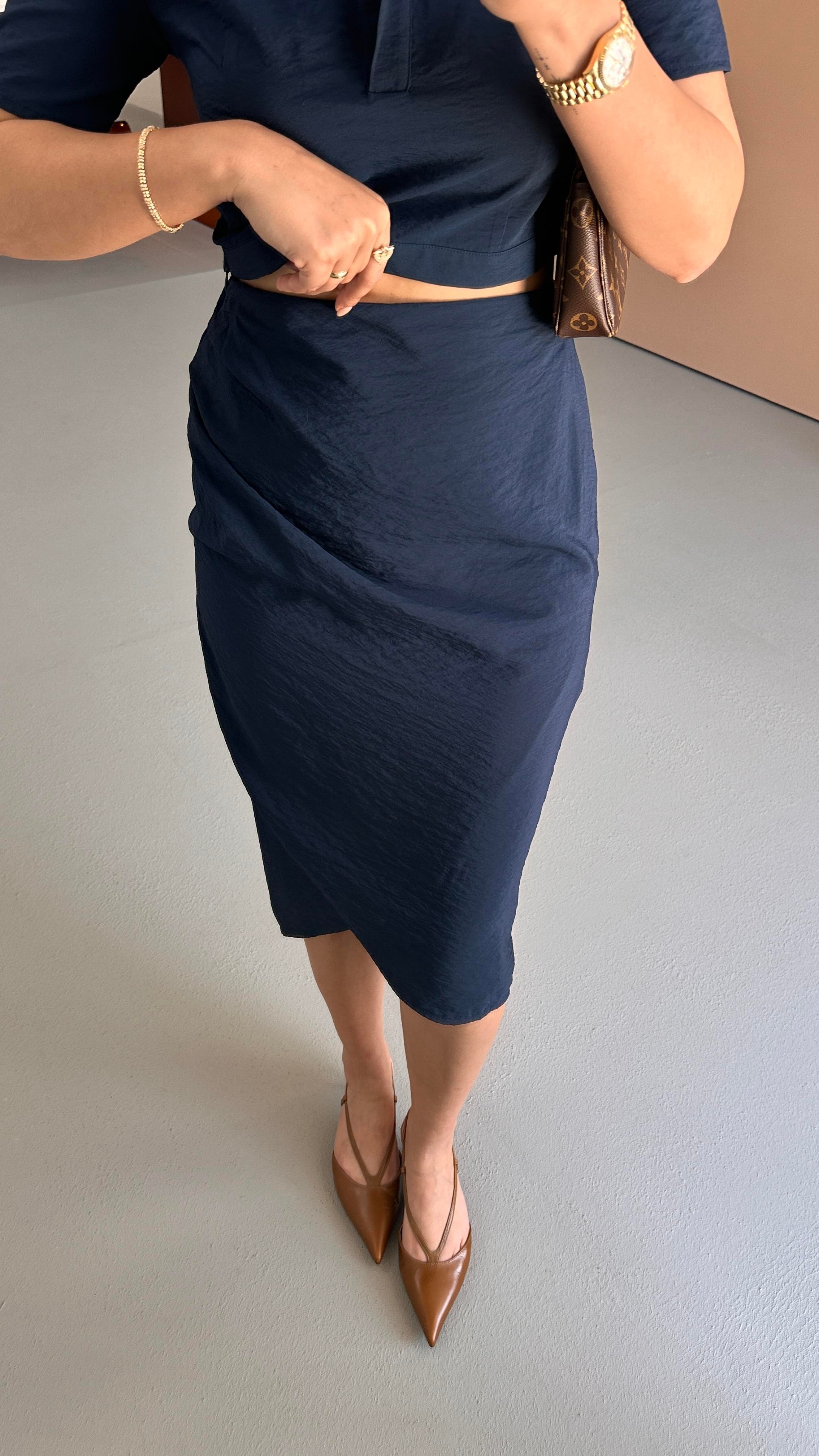 Drape Detay Crop Etek Lacivert Takım