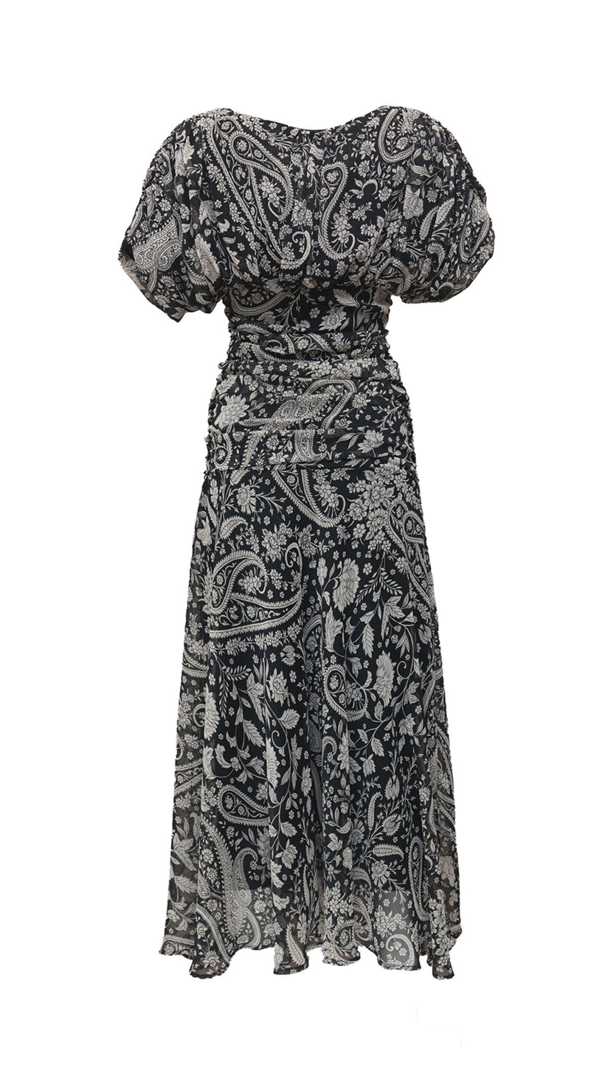 Drape Detay Desenli Siyah Şifon Elbise