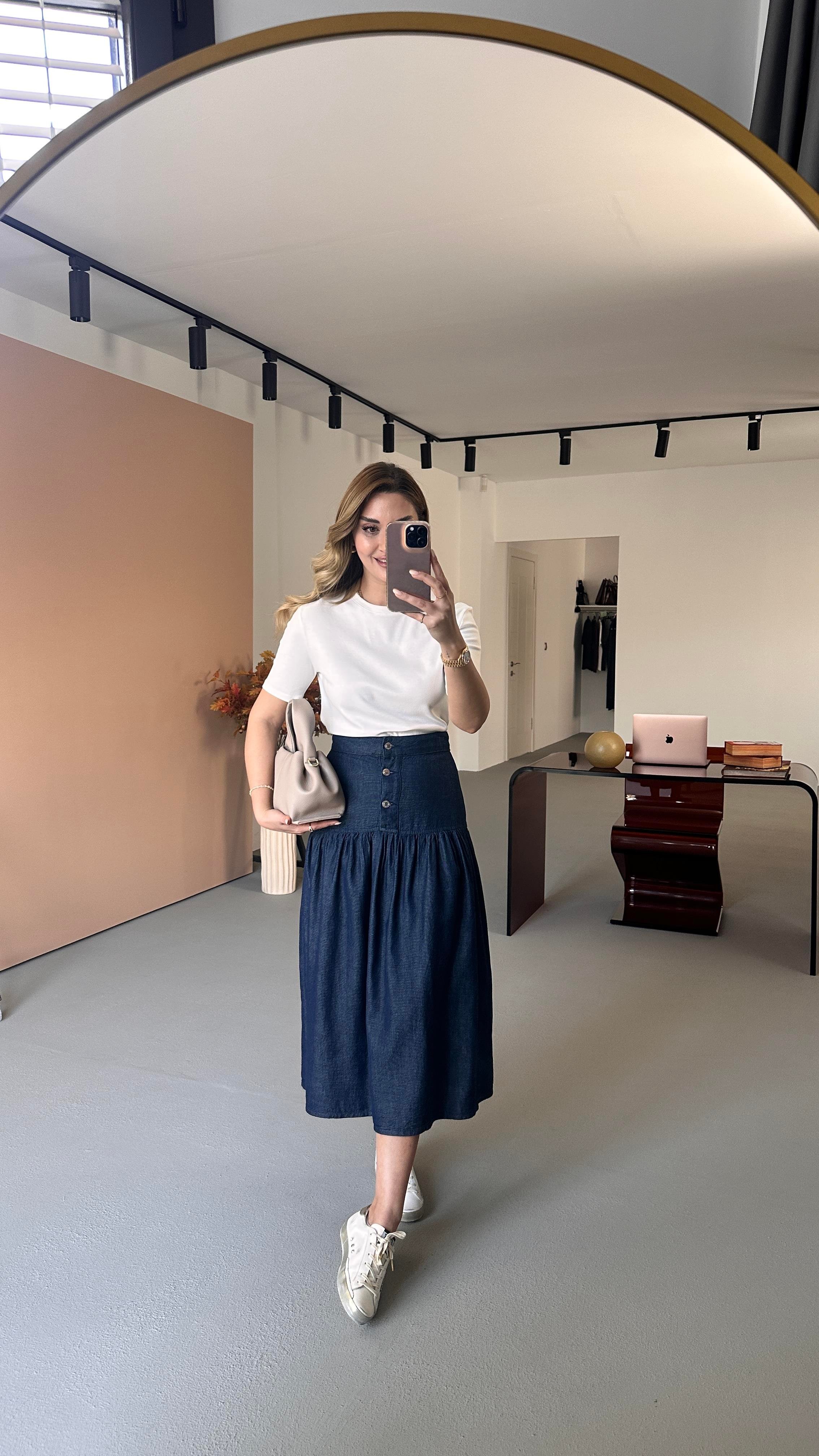 Düğme Detay Volanlı Lacivert Midi Denim Etek