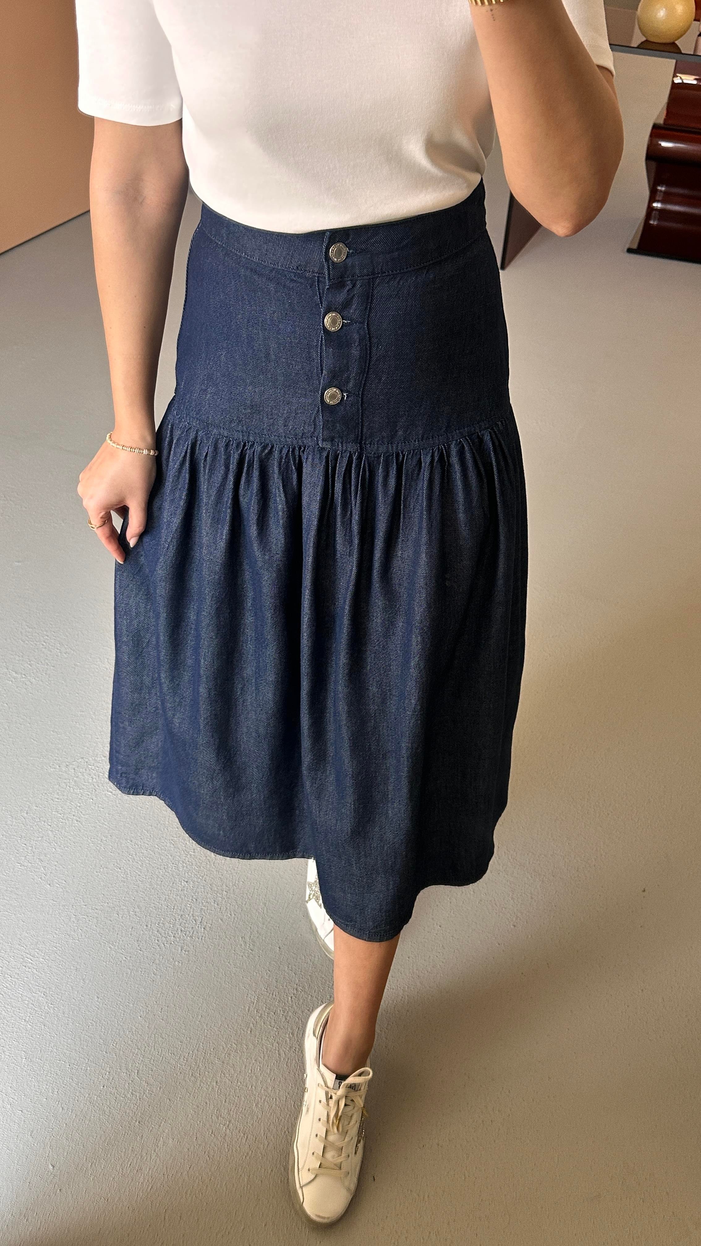 Düğme Detay Volanlı Lacivert Midi Denim Etek