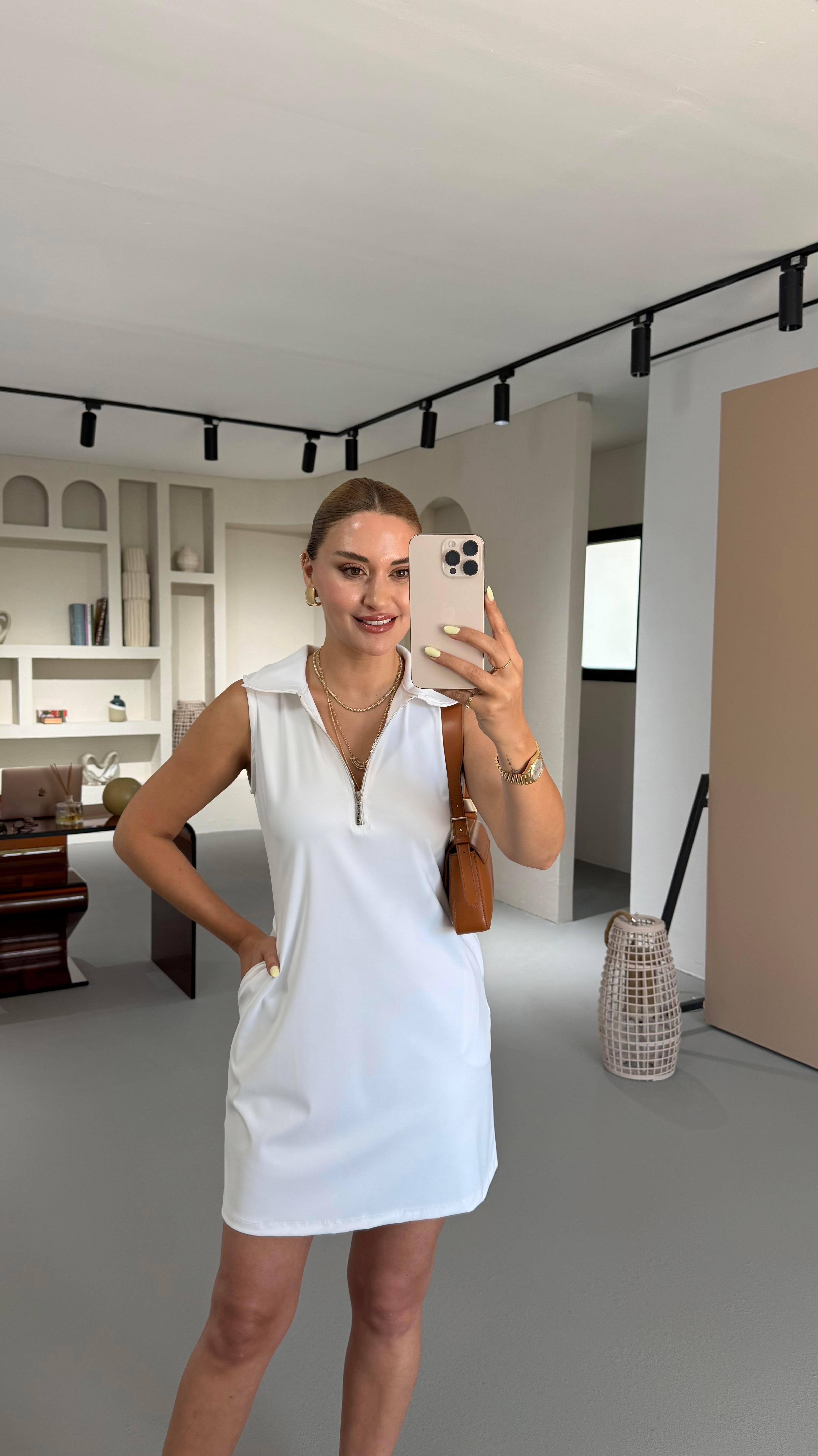 Fermuar Detay Kolsuz Ekru Scuba Elbise