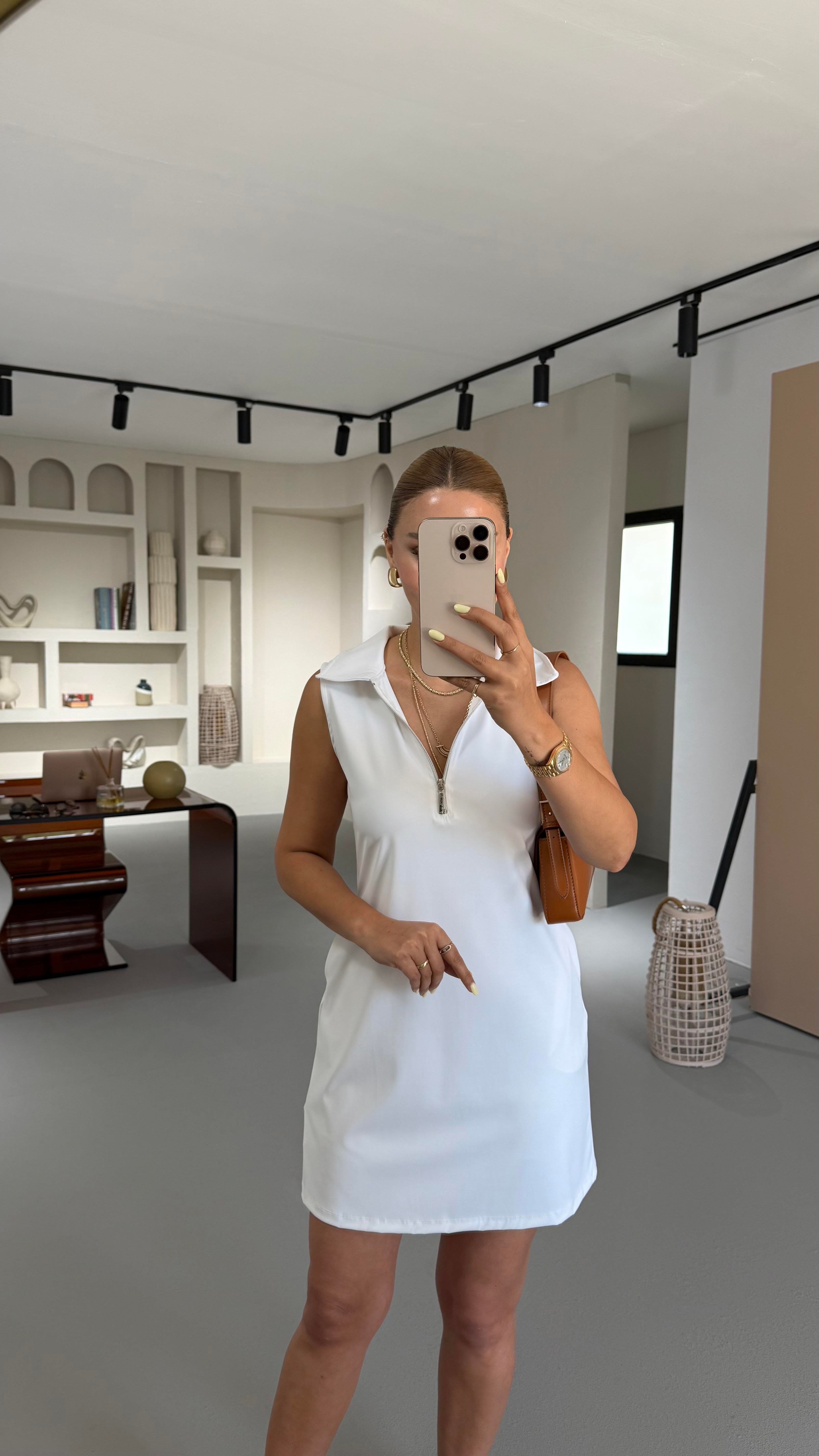 Fermuar Detay Kolsuz Ekru Scuba Elbise