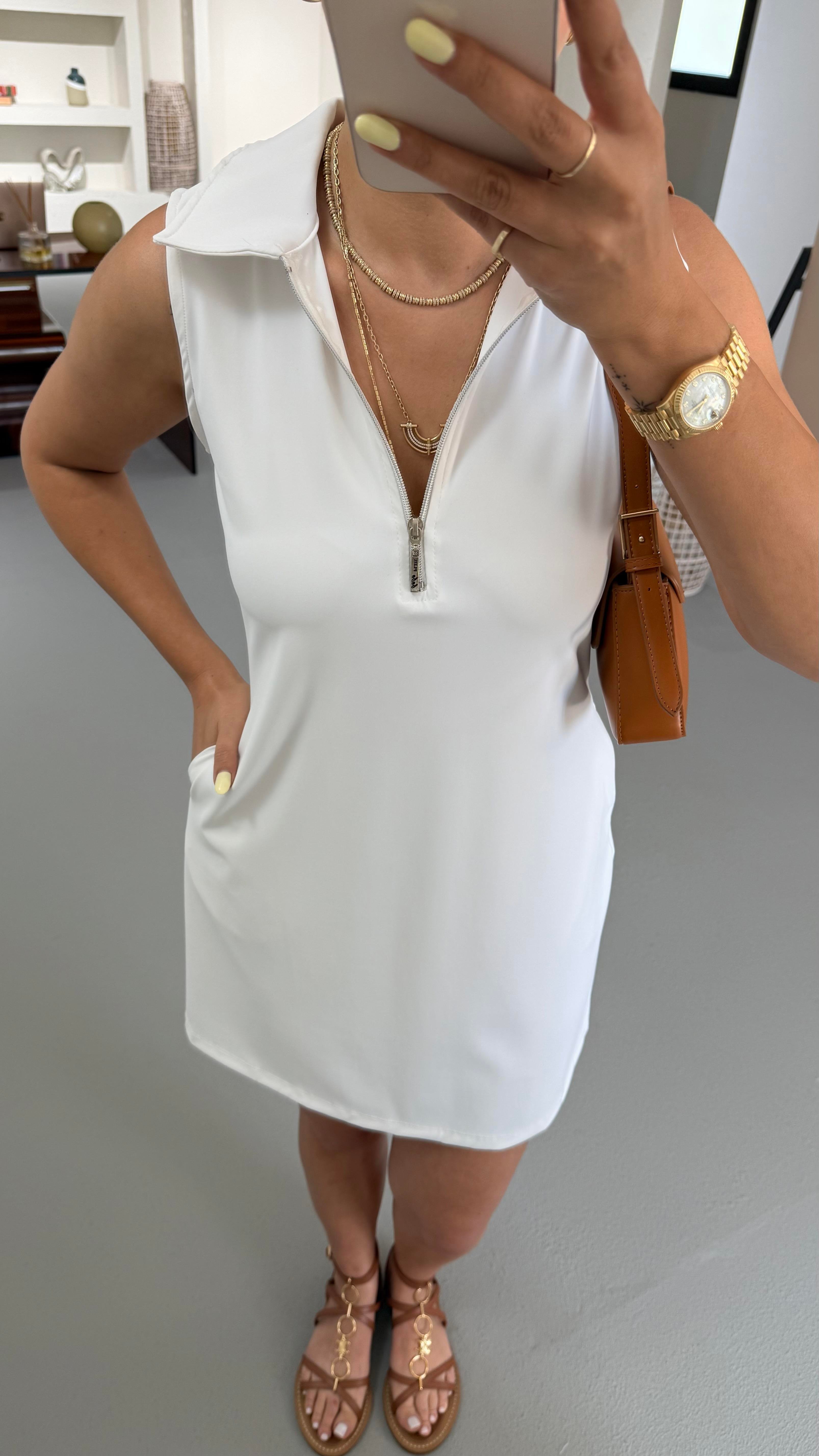 Fermuar Detay Kolsuz Ekru Scuba Elbise