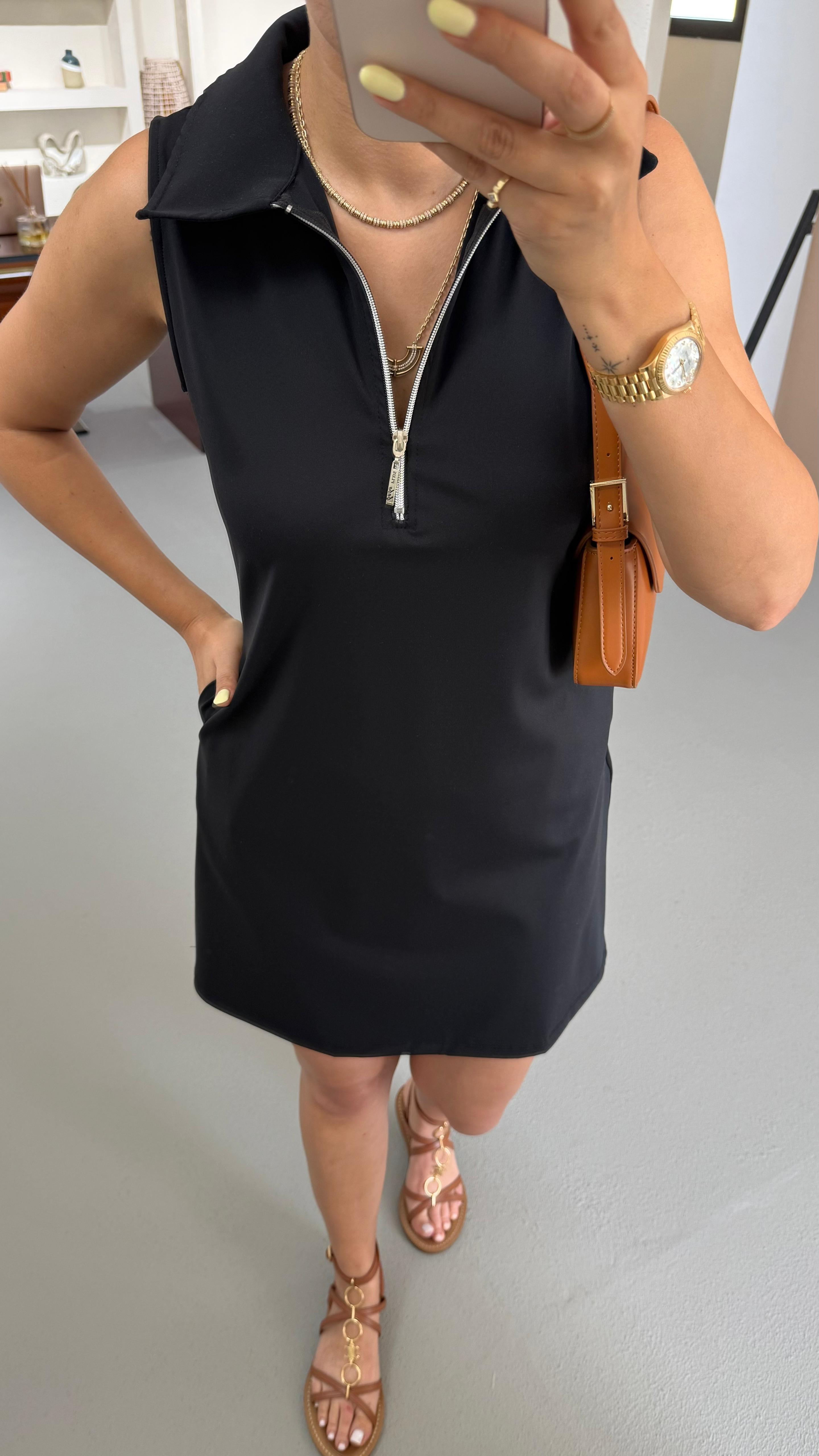 Fermuar Detay Kolsuz Siyah Scuba Elbise