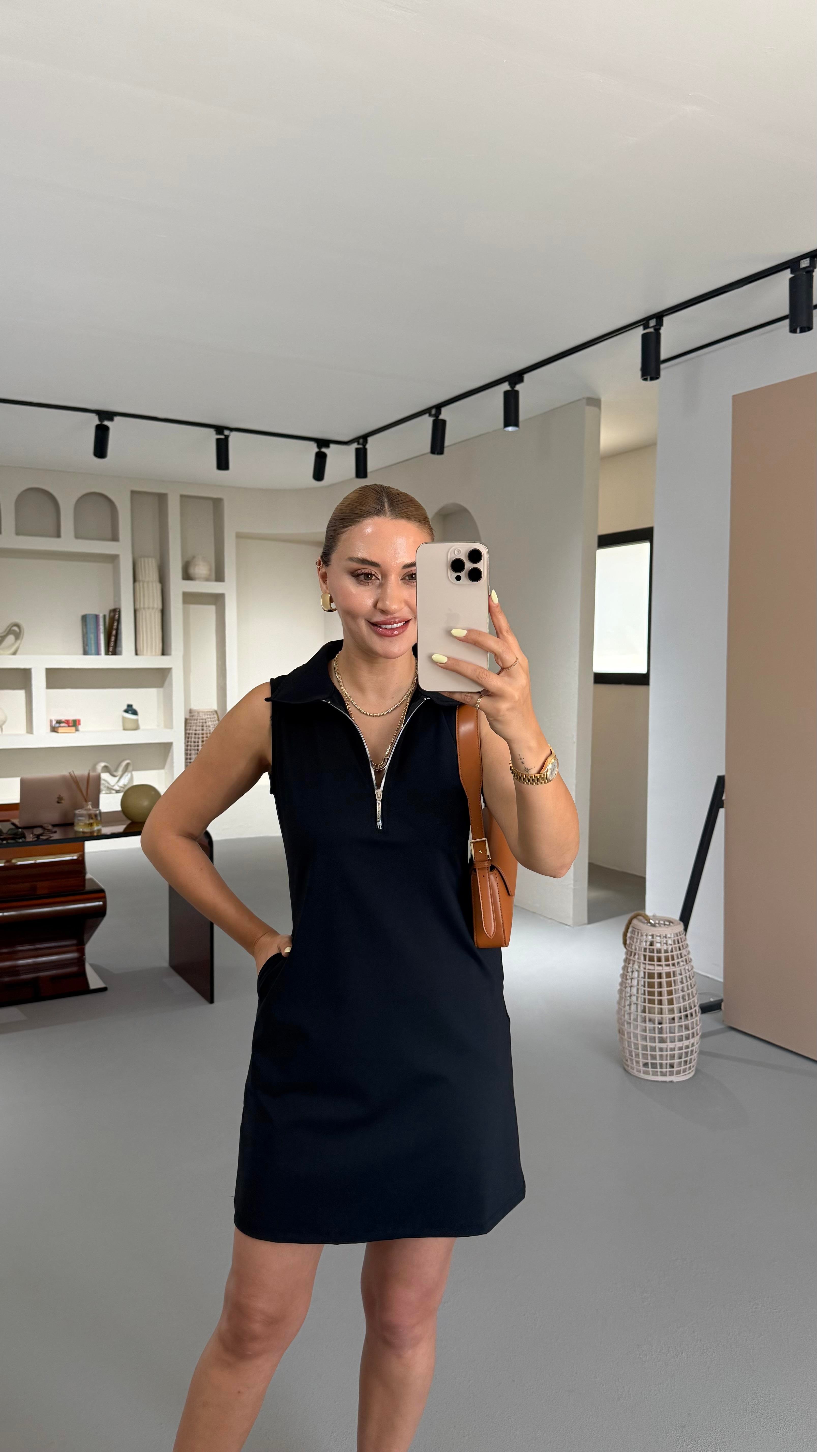 Fermuar Detay Kolsuz Siyah Scuba Elbise