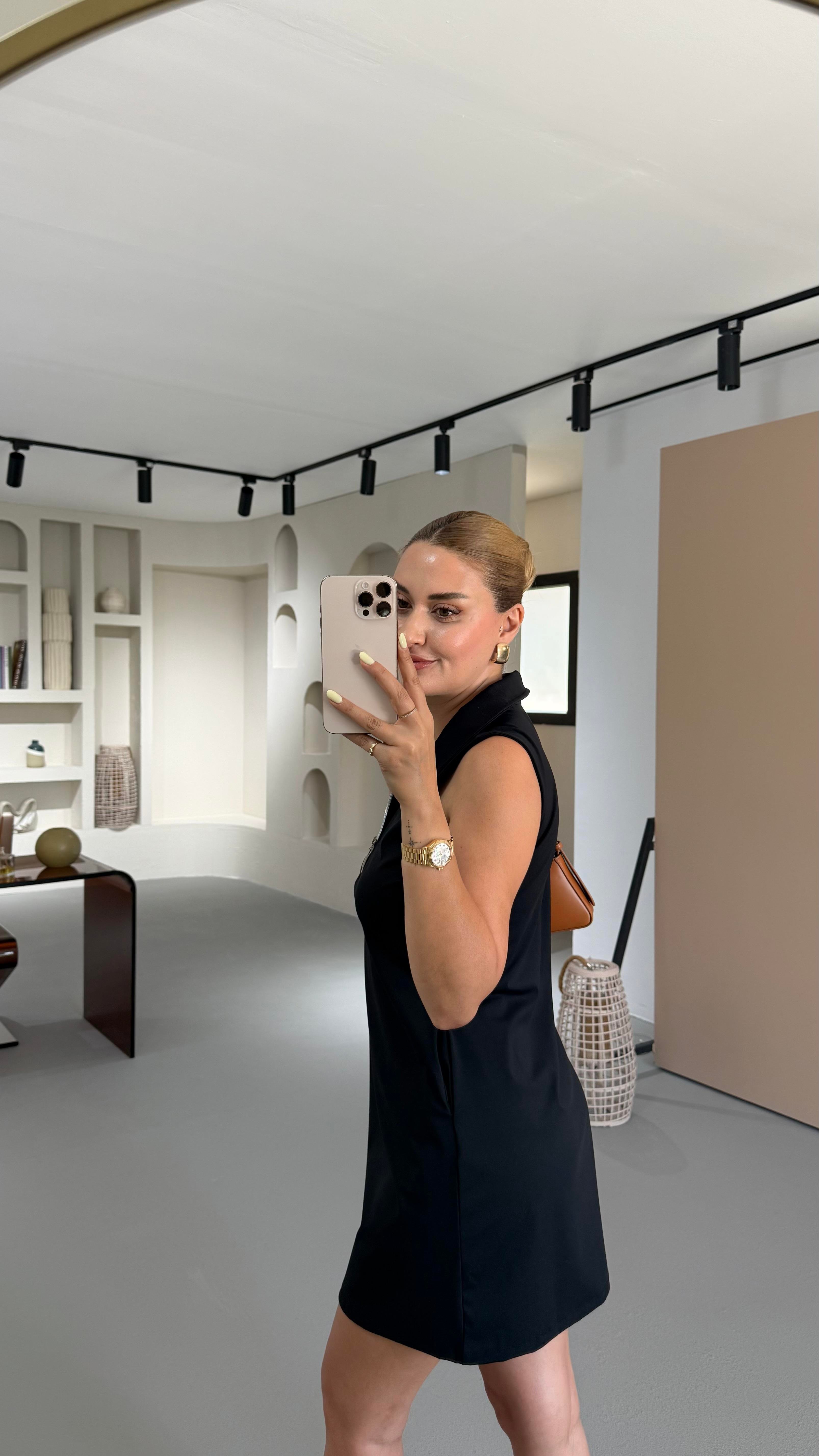 Fermuar Detay Kolsuz Siyah Scuba Elbise