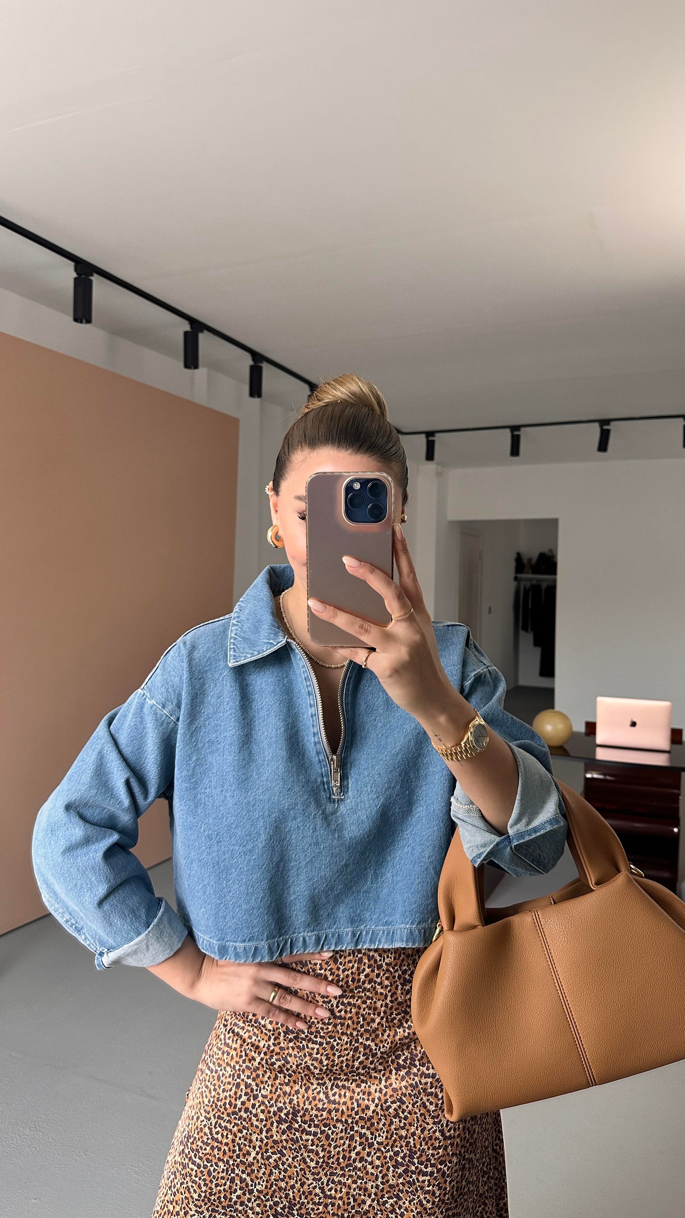 Fermuar Detay Mavi Denim Sweat