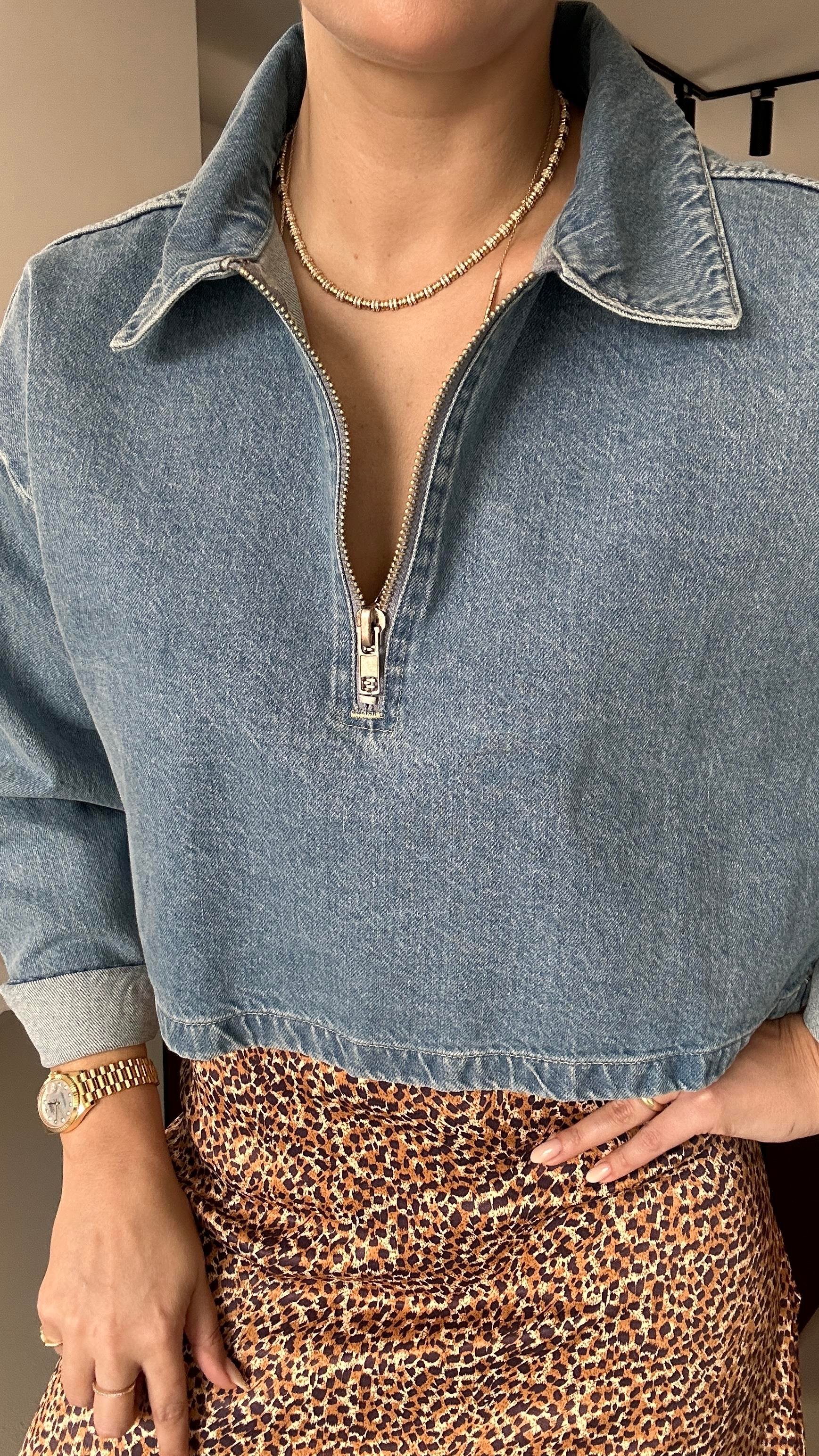 Fermuar Detay Mavi Denim Sweat
