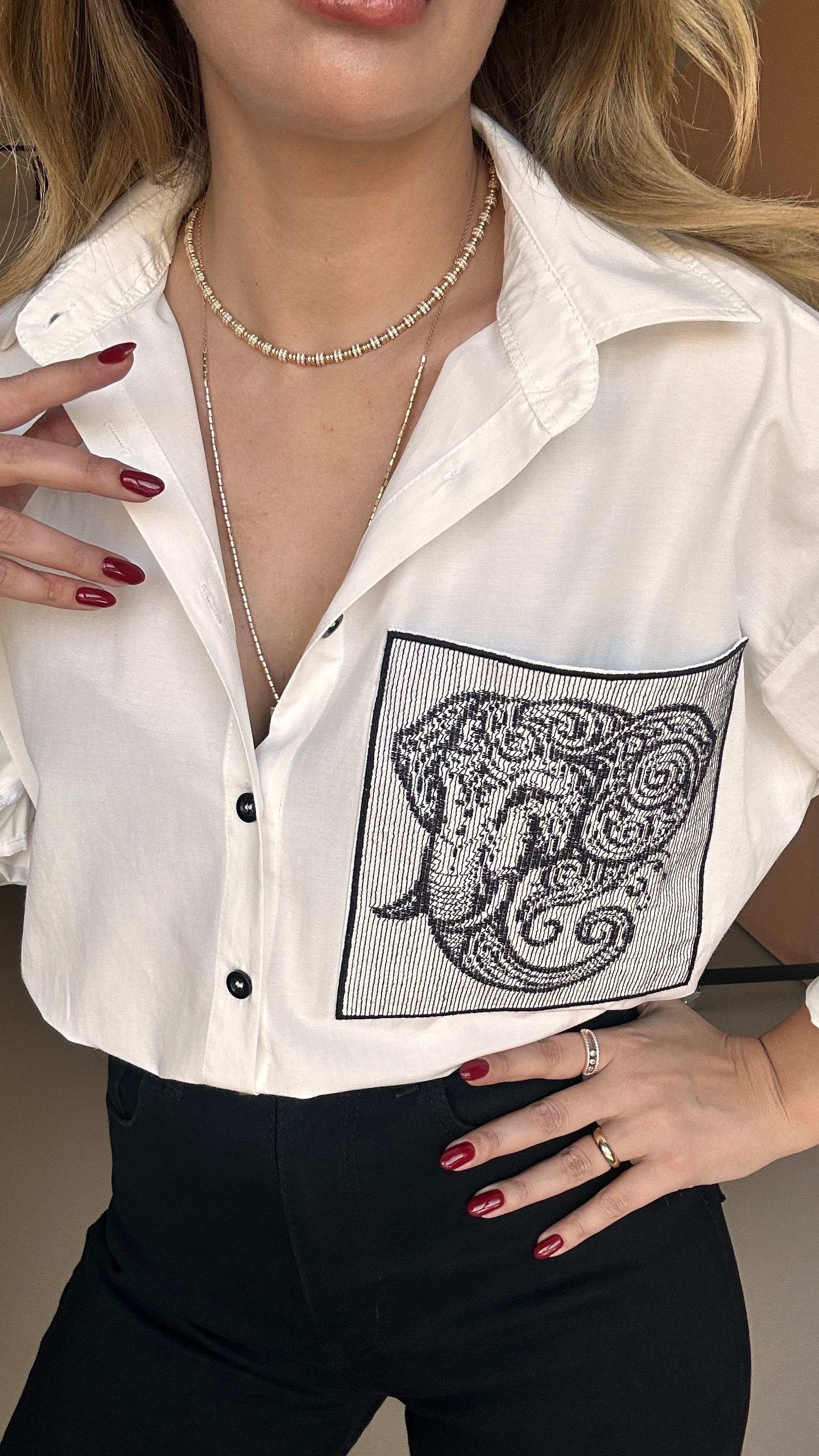Fil Nakışlı Oversize Beyaz Poplin Gömlek