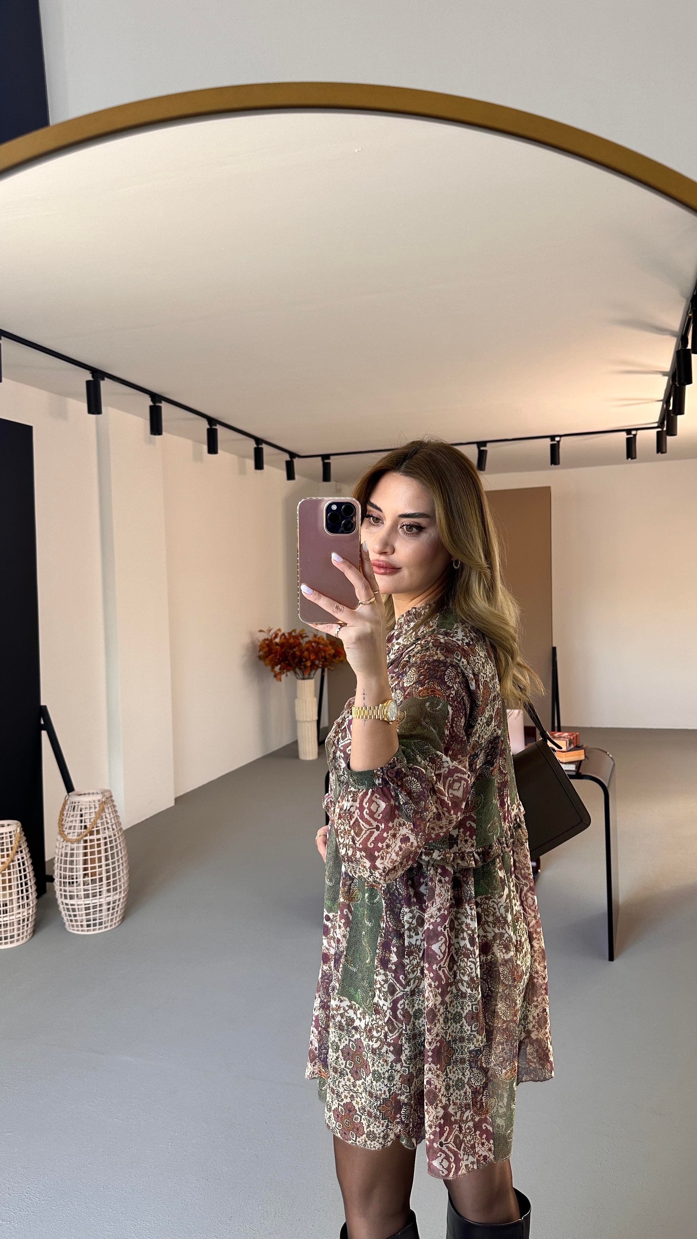 Fırfır Detay Vintage Astarlı Şifon Elbise