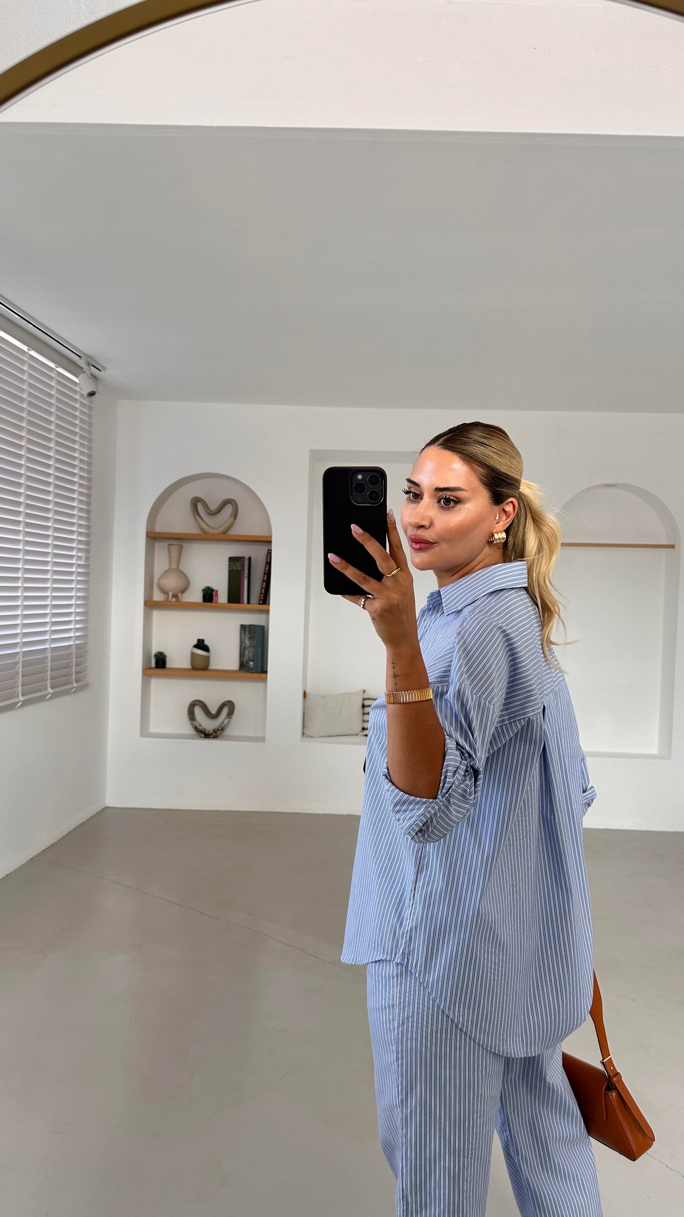 Gömlek Pantolon Çizgili Mavi Poplin Takım