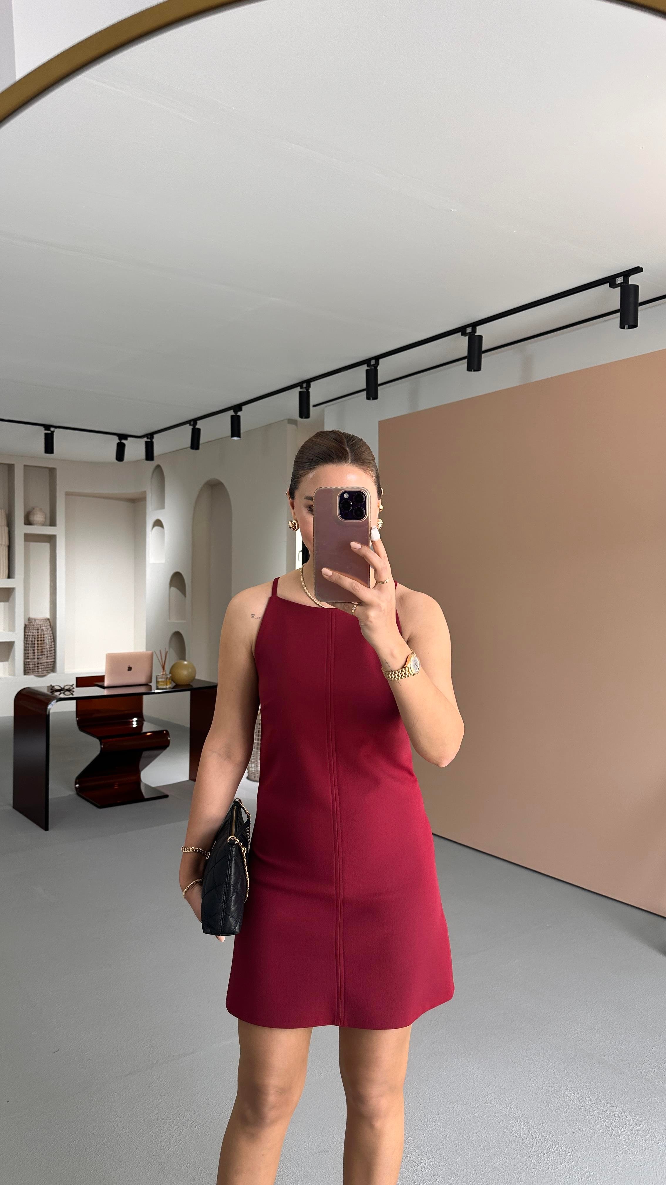 Halter Yaka Bordo Mini Elbise