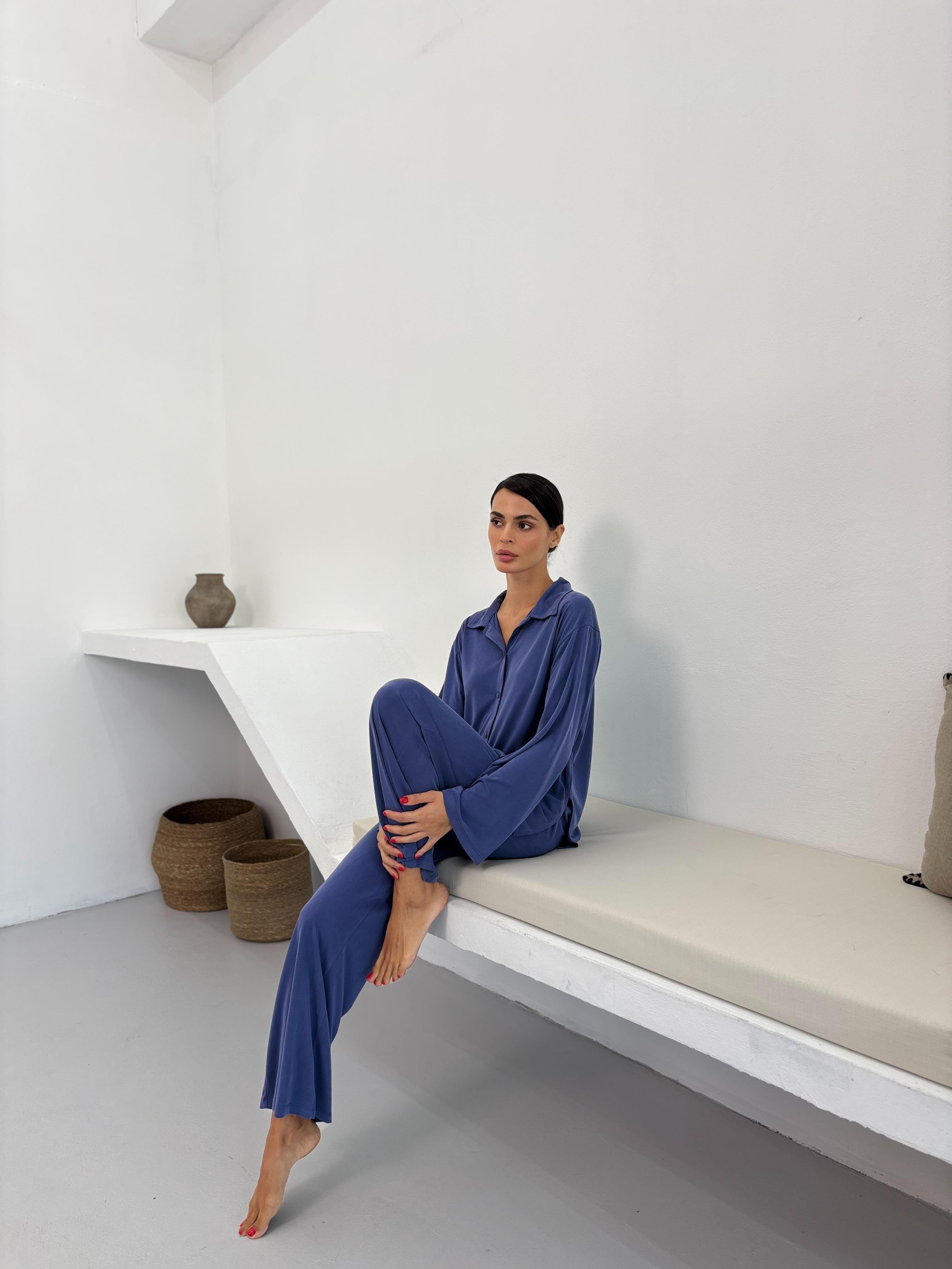 İnce Bel Lastikli Dökümlü İndigo Modal Pantolon Pijama