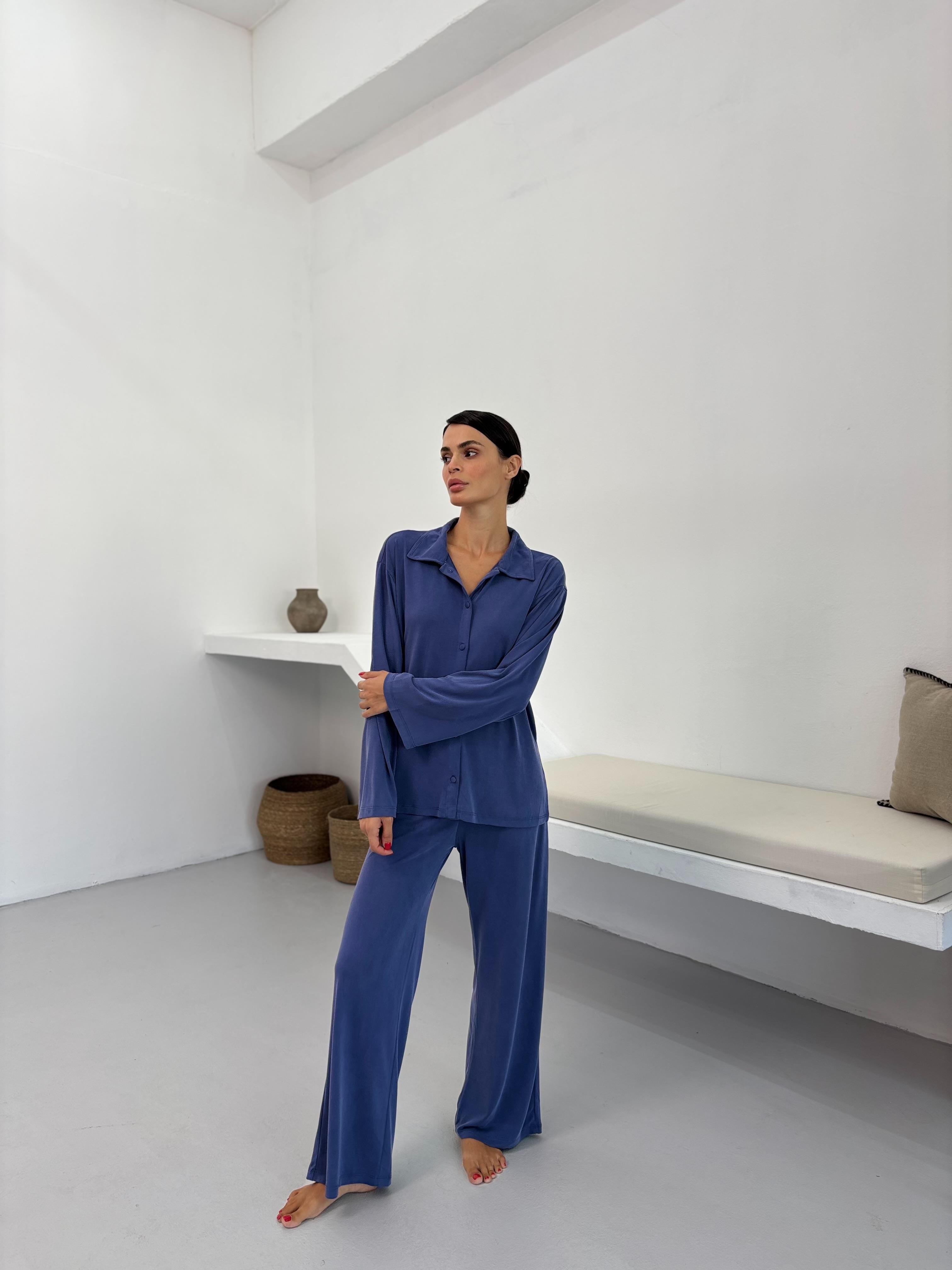 İnce Bel Lastikli Dökümlü İndigo Modal Pantolon Pijama