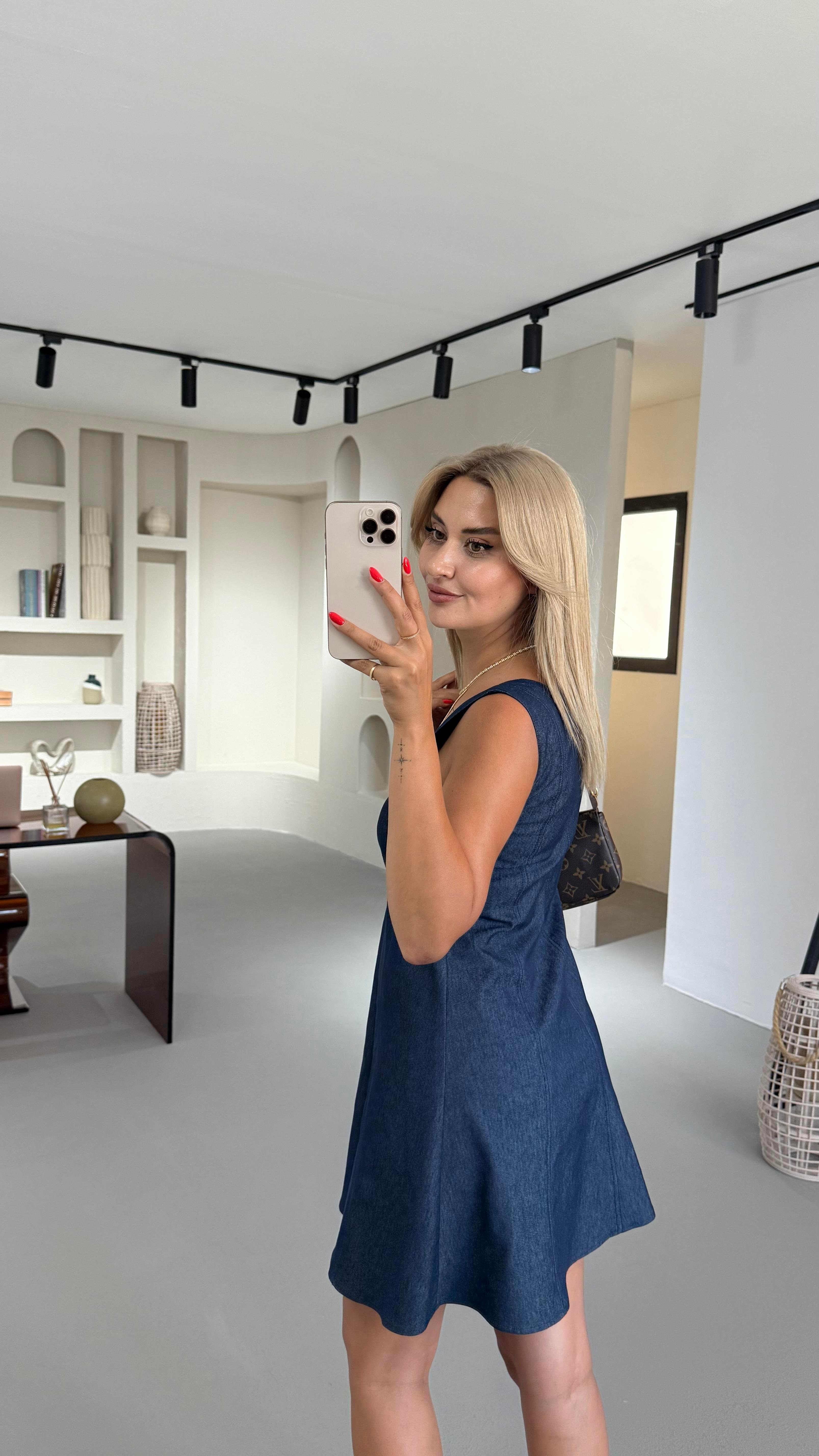 Kare Yaka Lacivert Denim Çan Elbise