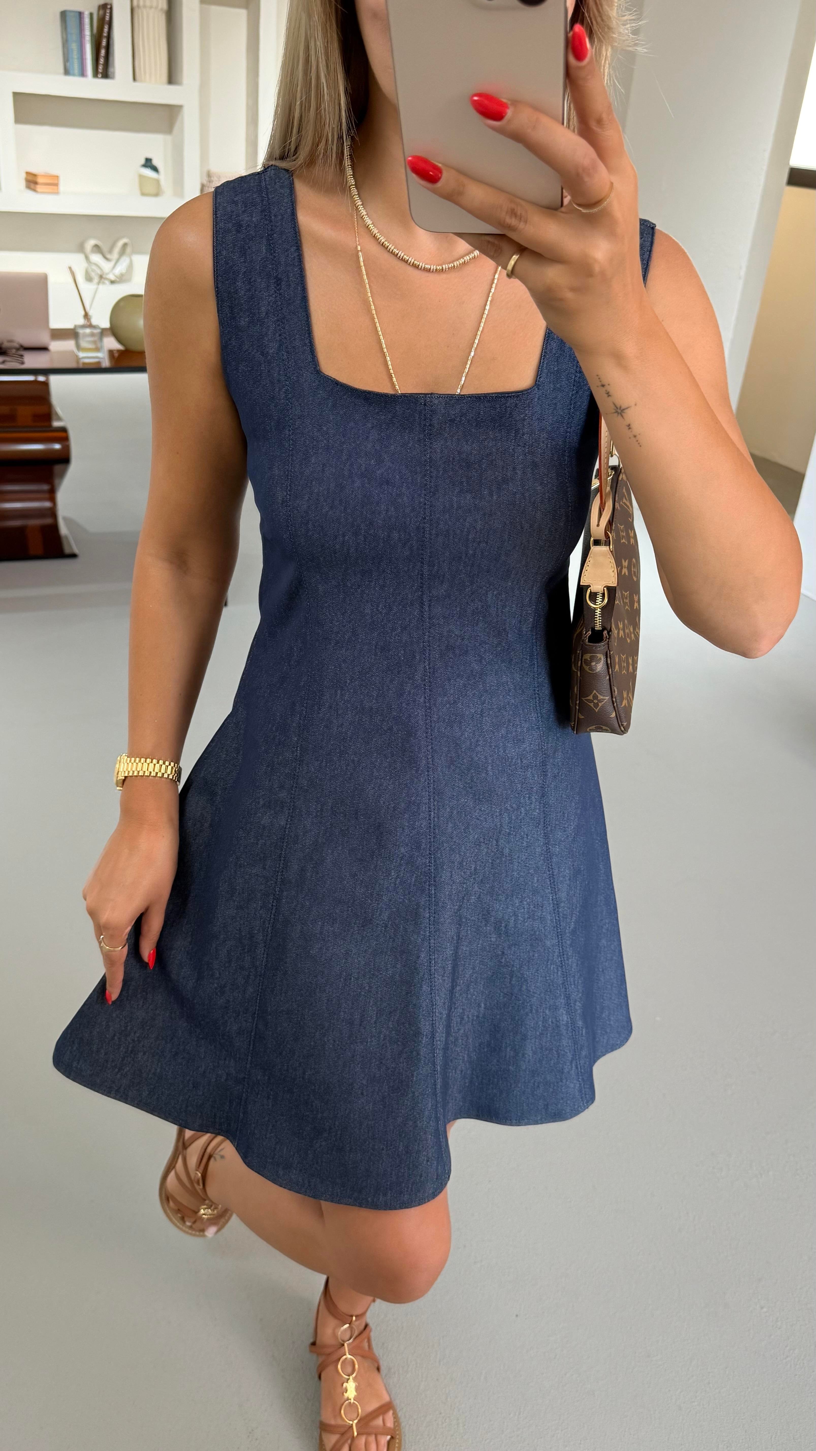 Kare Yaka Lacivert Denim Çan Elbise