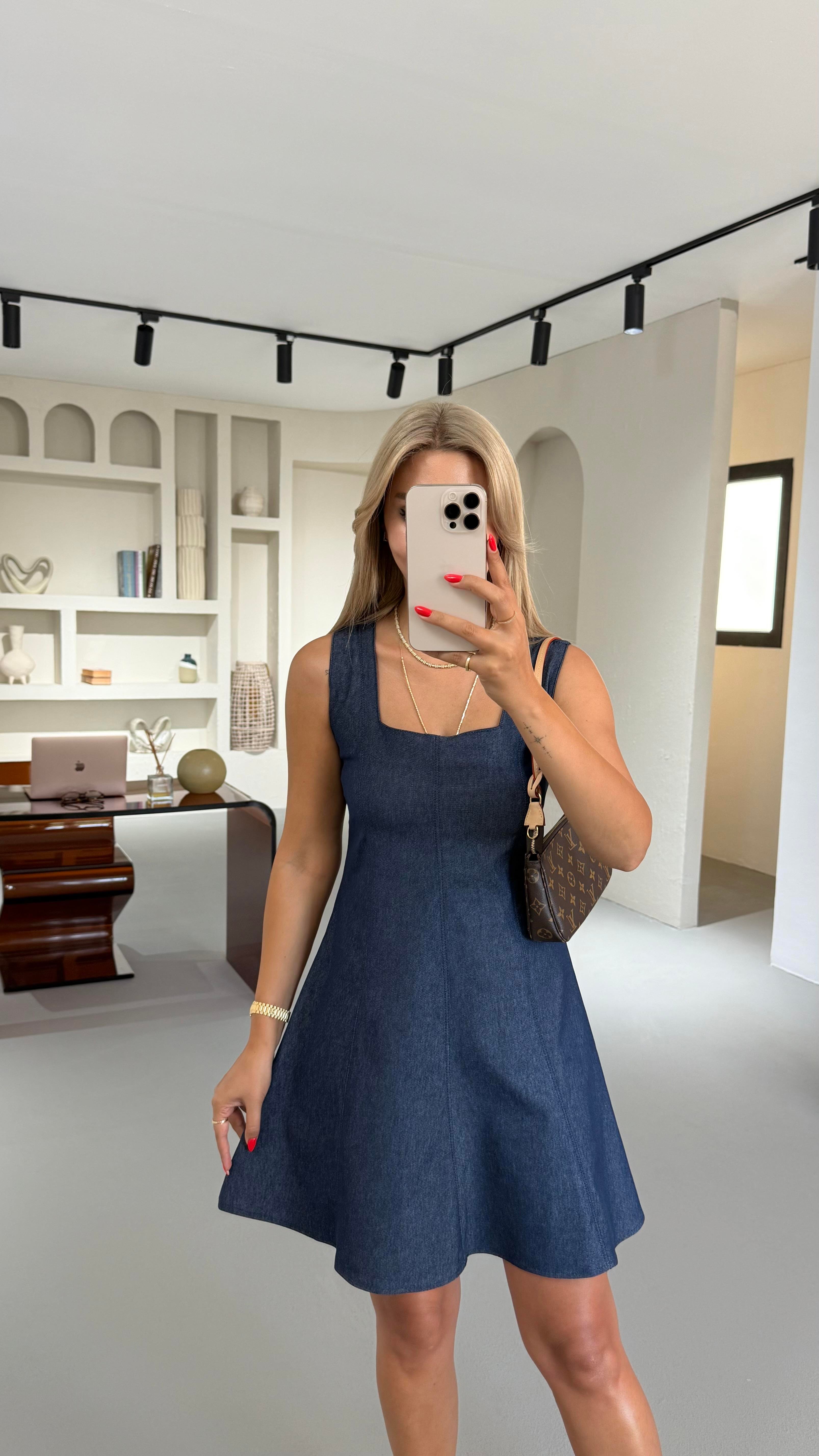 Kare Yaka Lacivert Denim Çan Elbise