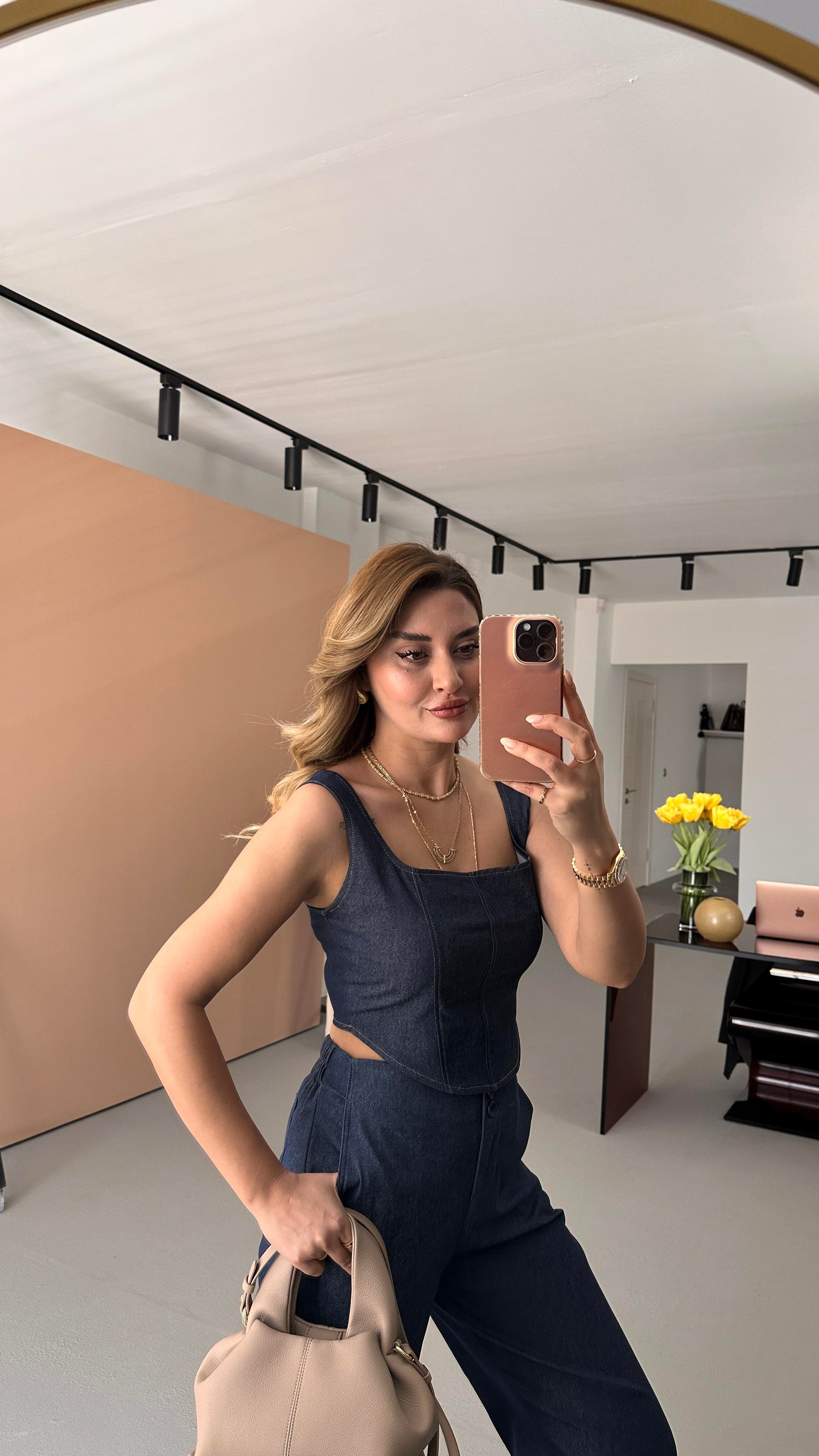 Kare Yaka Likralı Denim Büstiyer