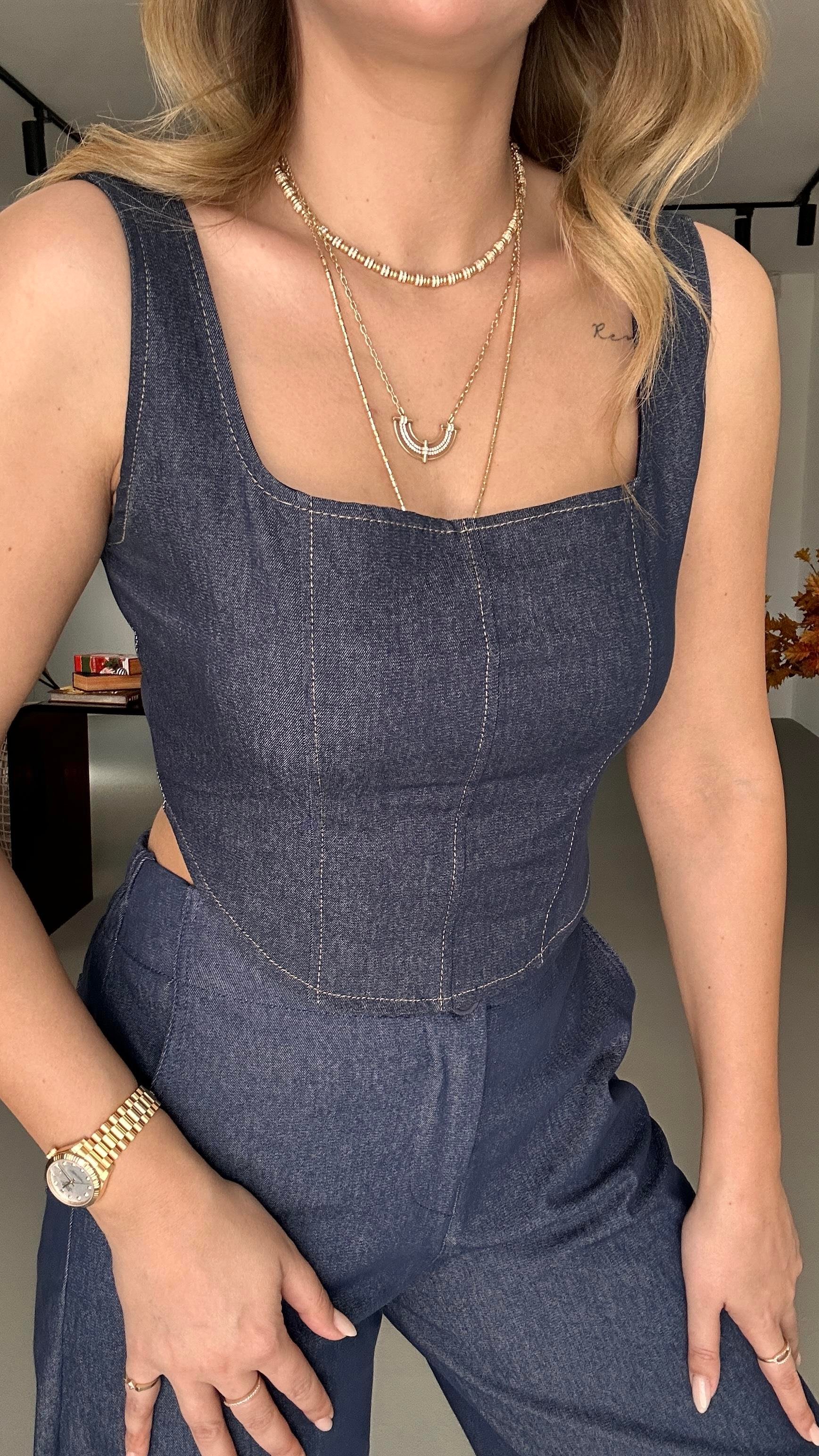 Kare Yaka Likralı Denim Büstiyer