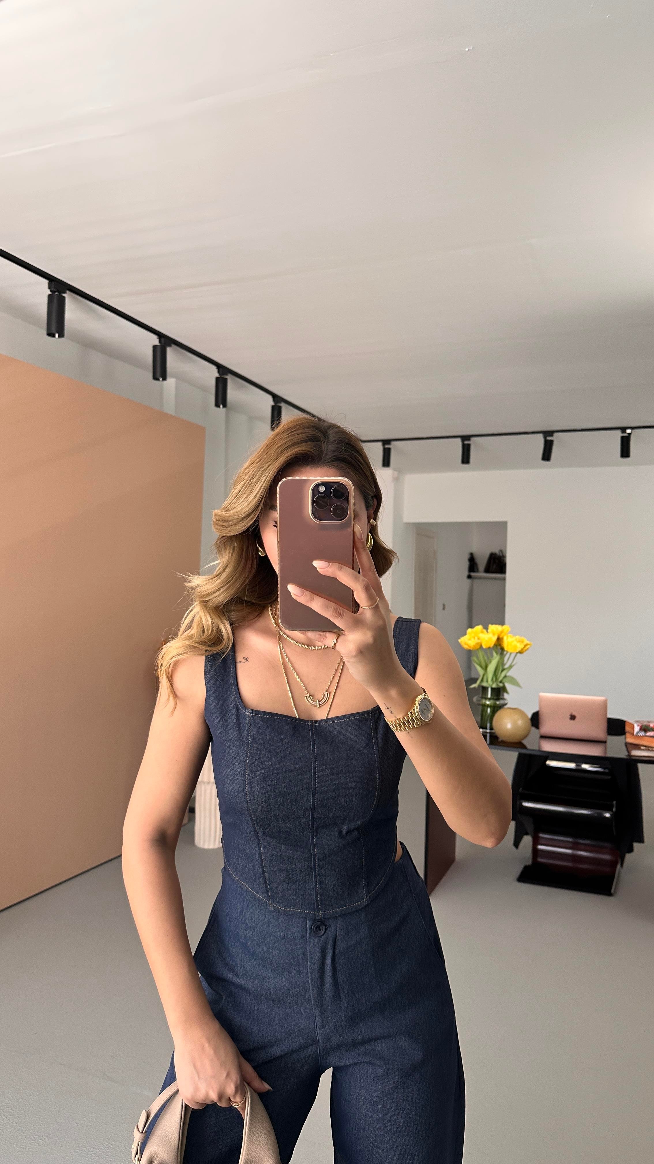 Kare Yaka Likralı Denim Büstiyer