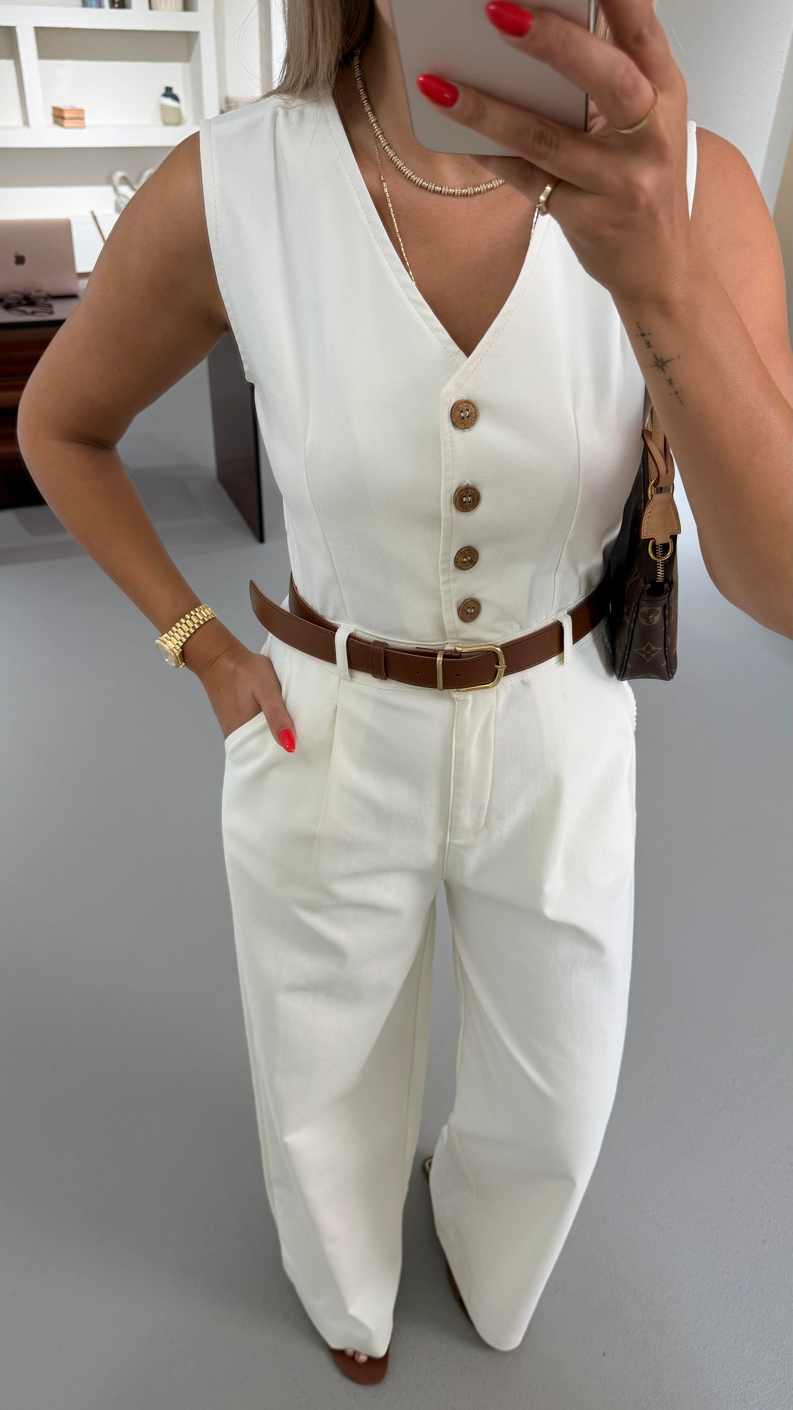 Kemerli Düğme Detay Ekru Denim Tulum