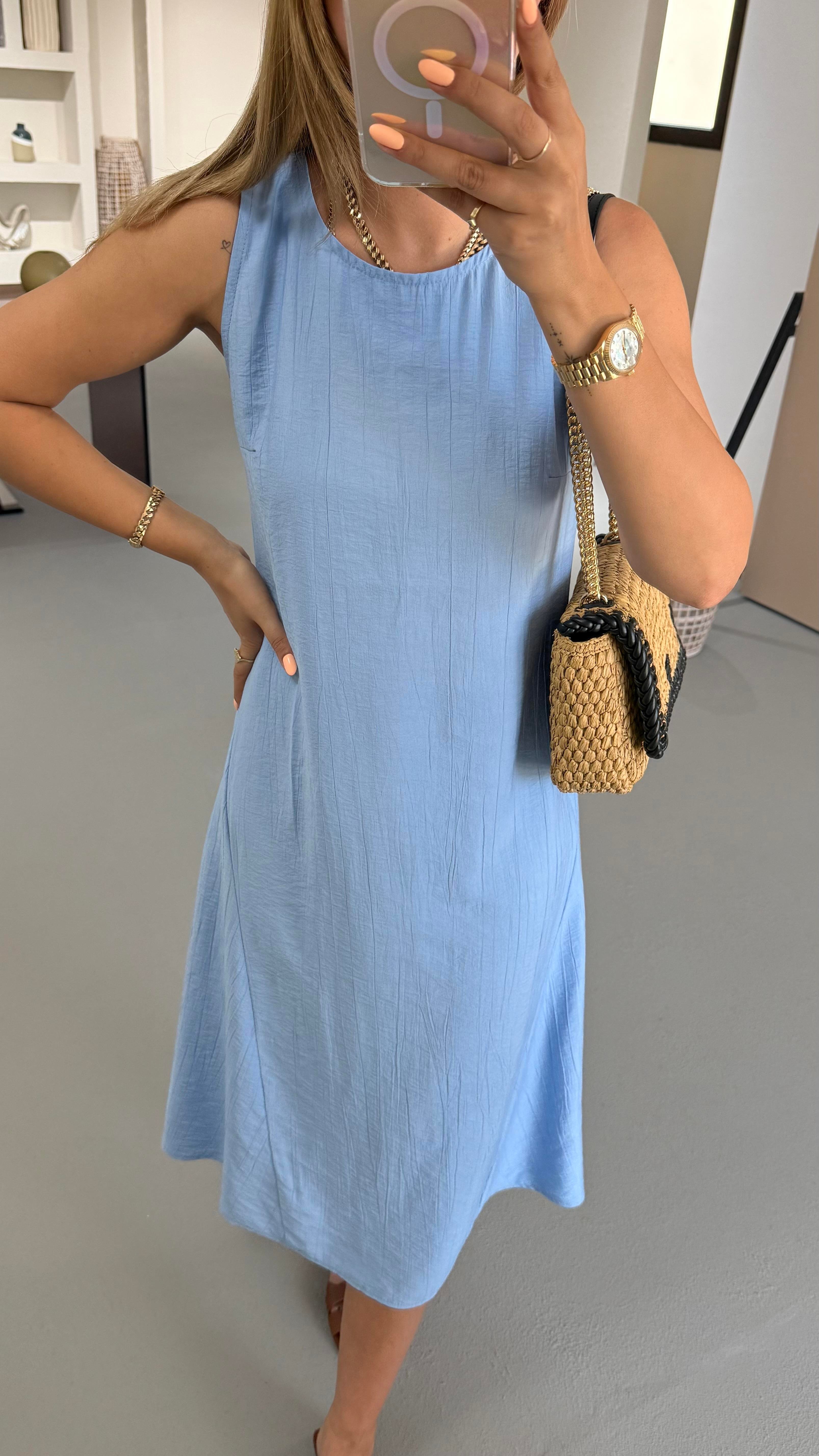 Kırınkıl Doku Bebek Mavi Midi Elbise