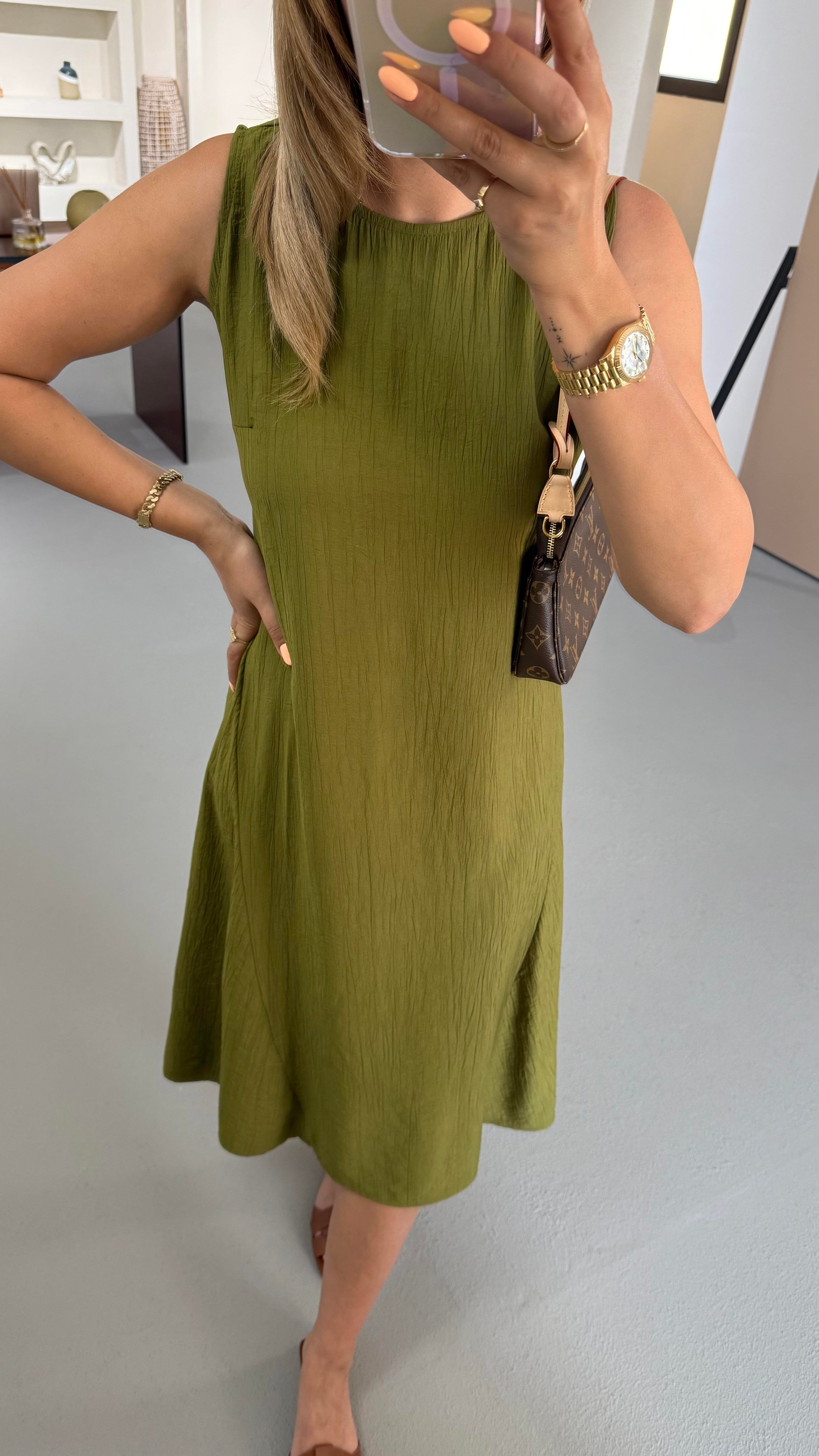 Kırınkıl Doku Olive Midi Elbise