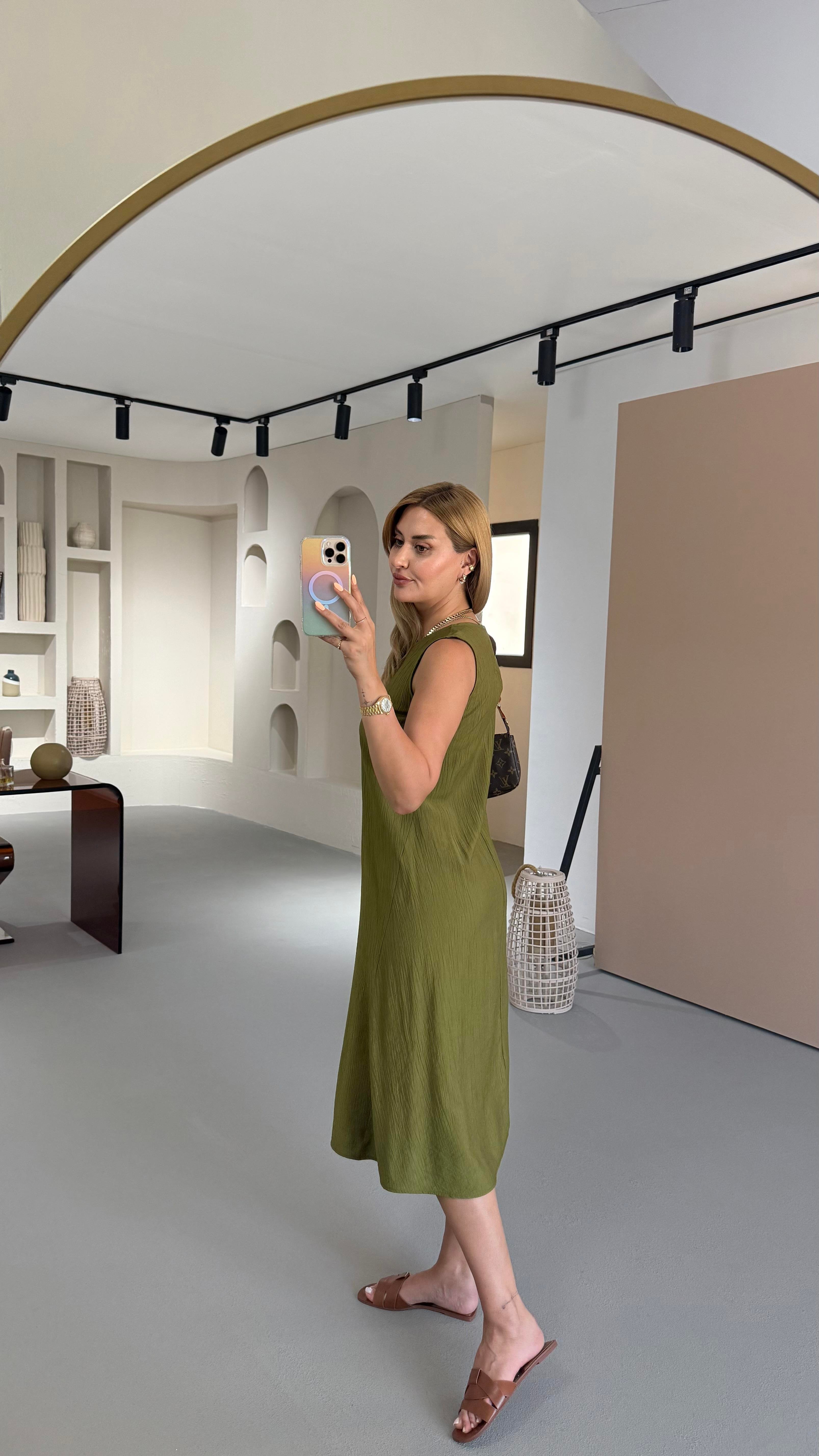 Kırınkıl Doku Olive Midi Elbise