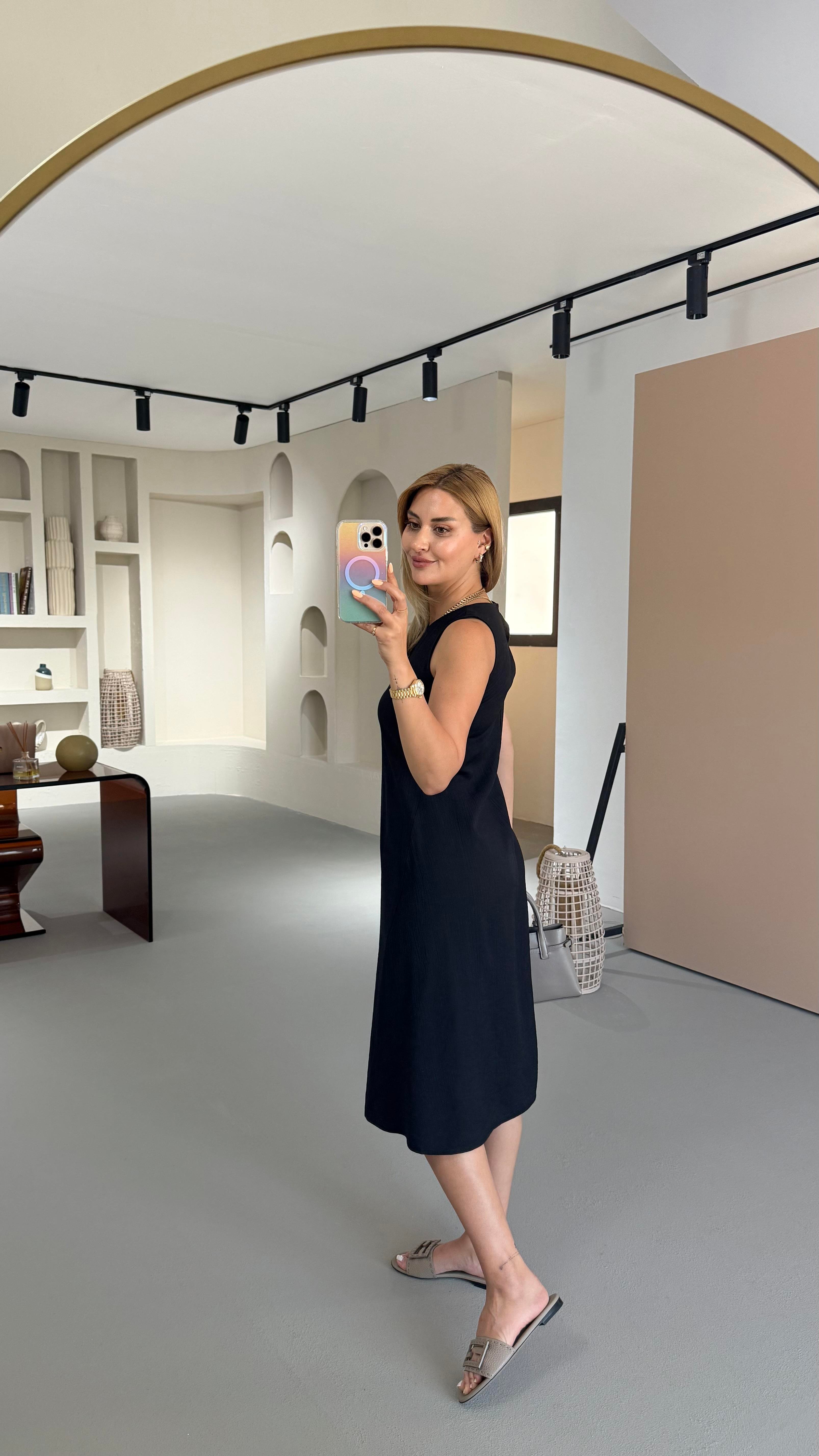 Kırınkıl Doku Siyah Midi Elbise