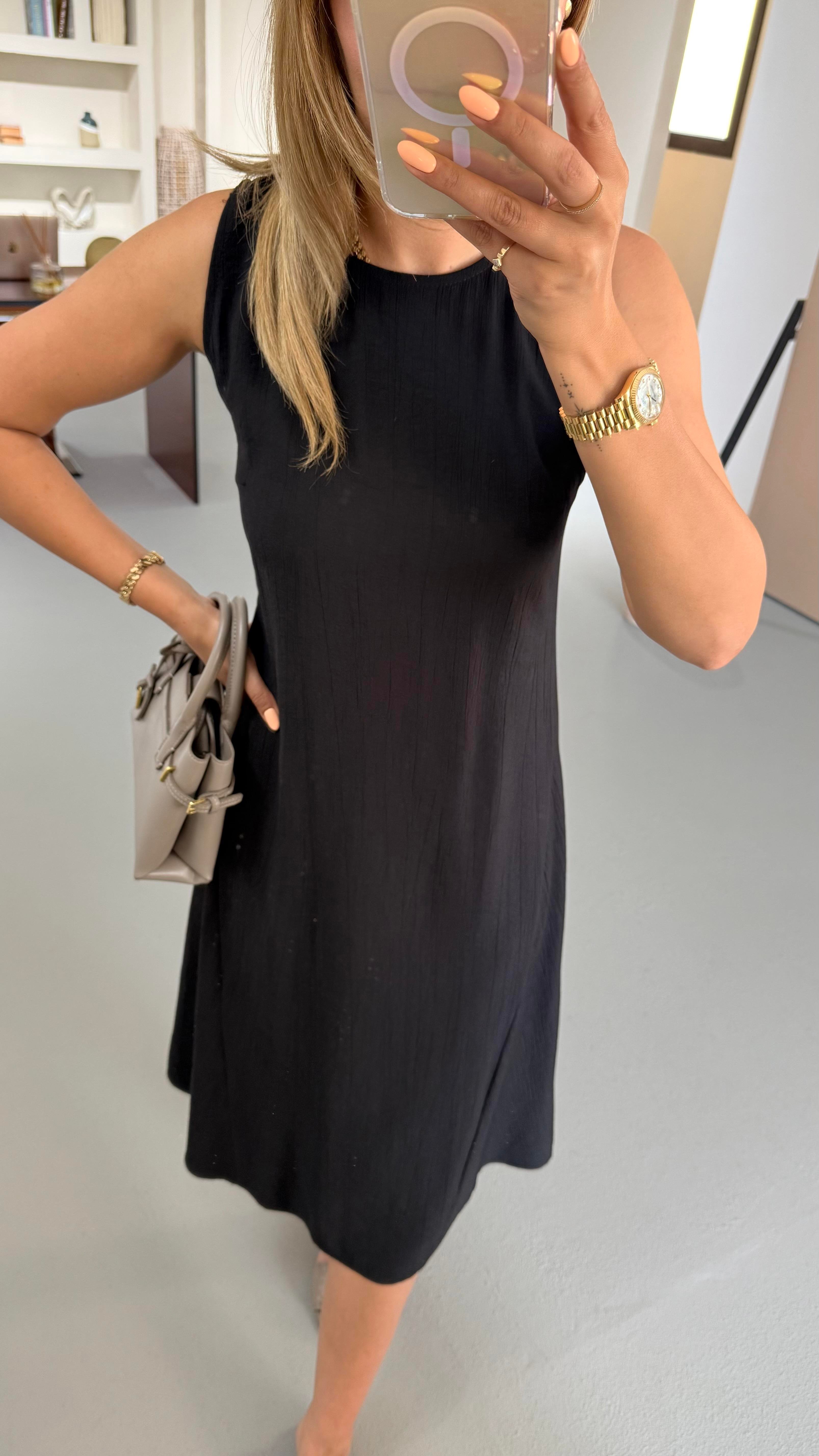 Kırınkıl Doku Siyah Midi Elbise