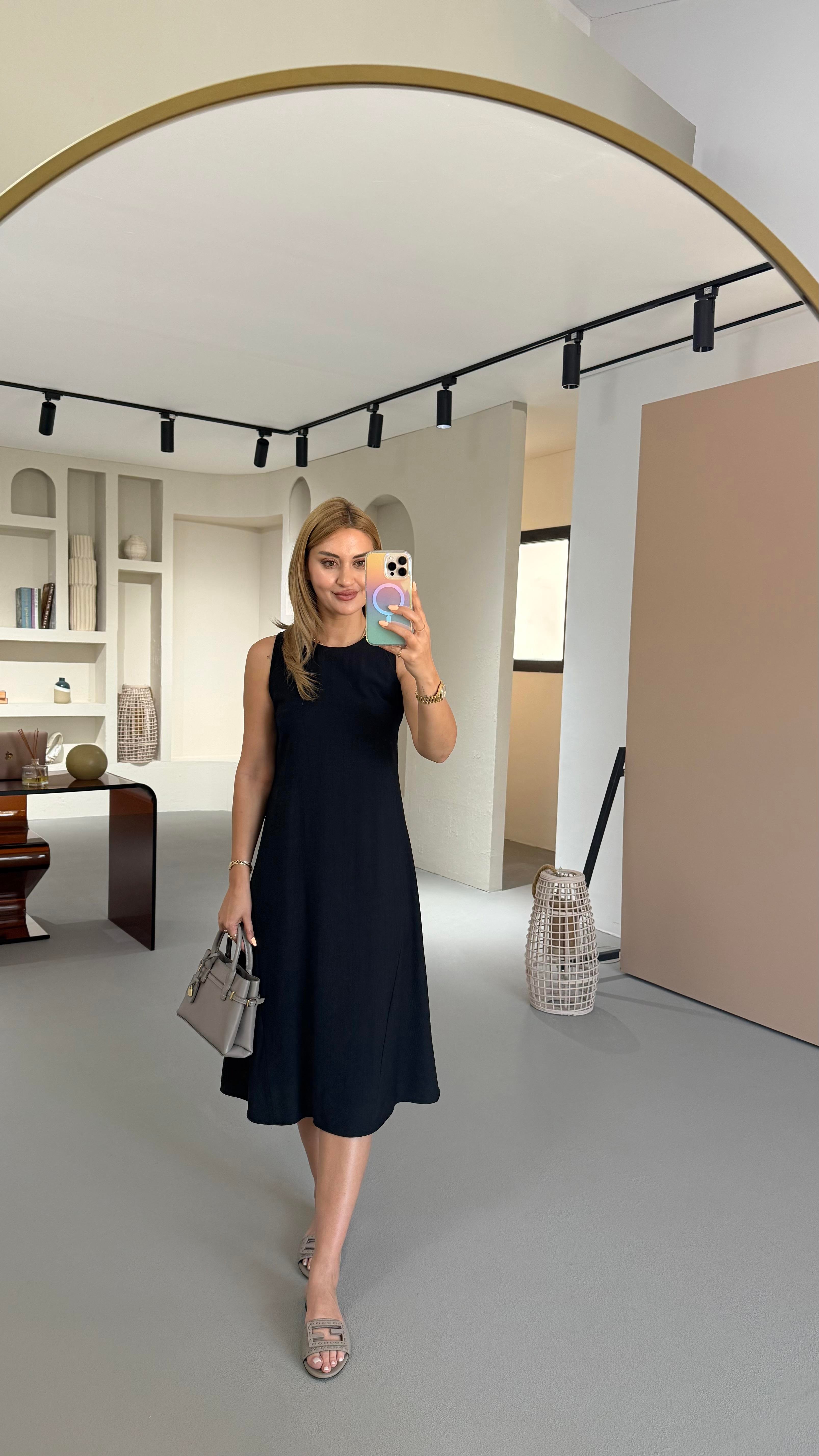 Kırınkıl Doku Siyah Midi Elbise