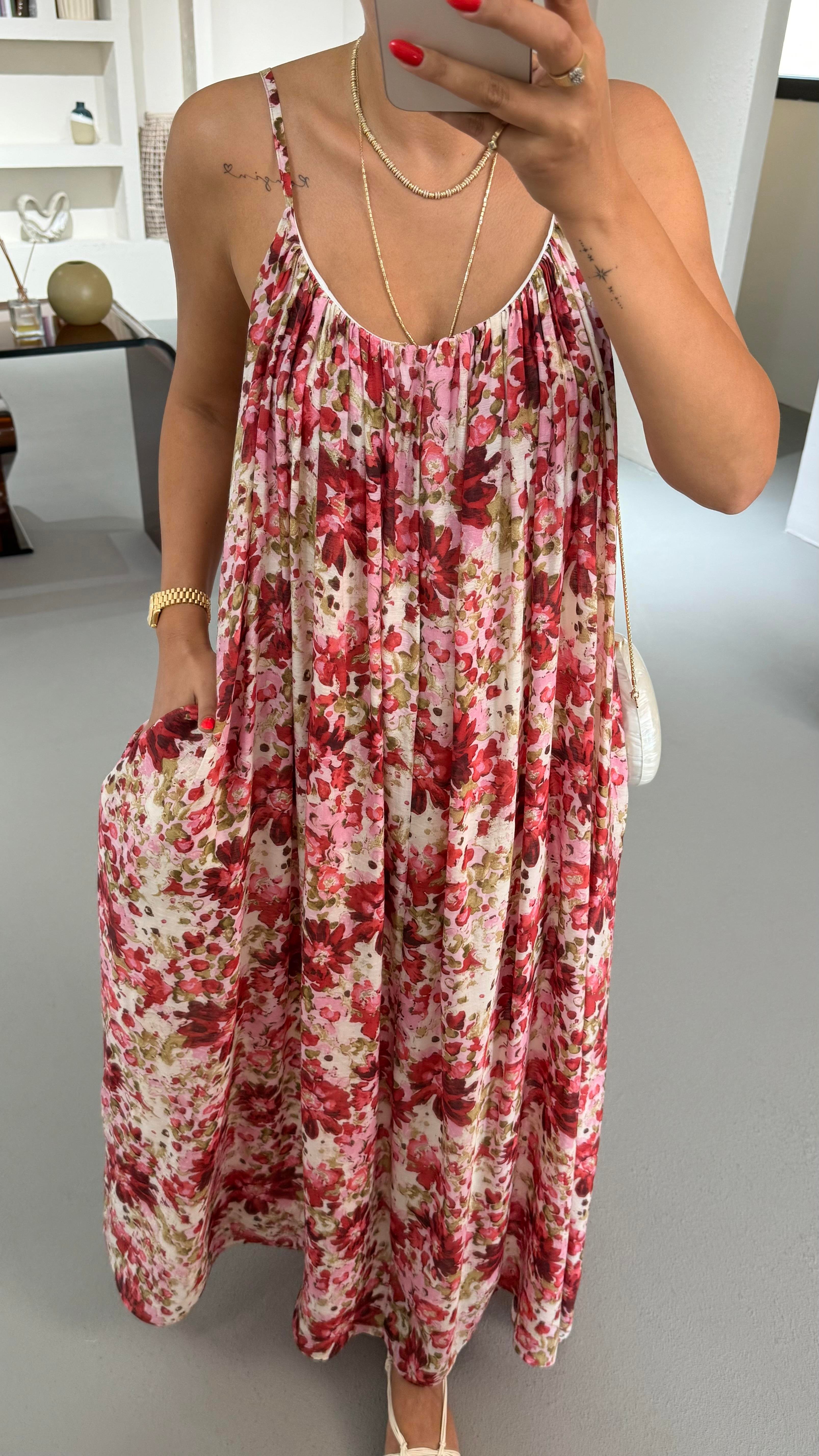 Kırmızı Çiçek Desen Maxi Vual Elbise