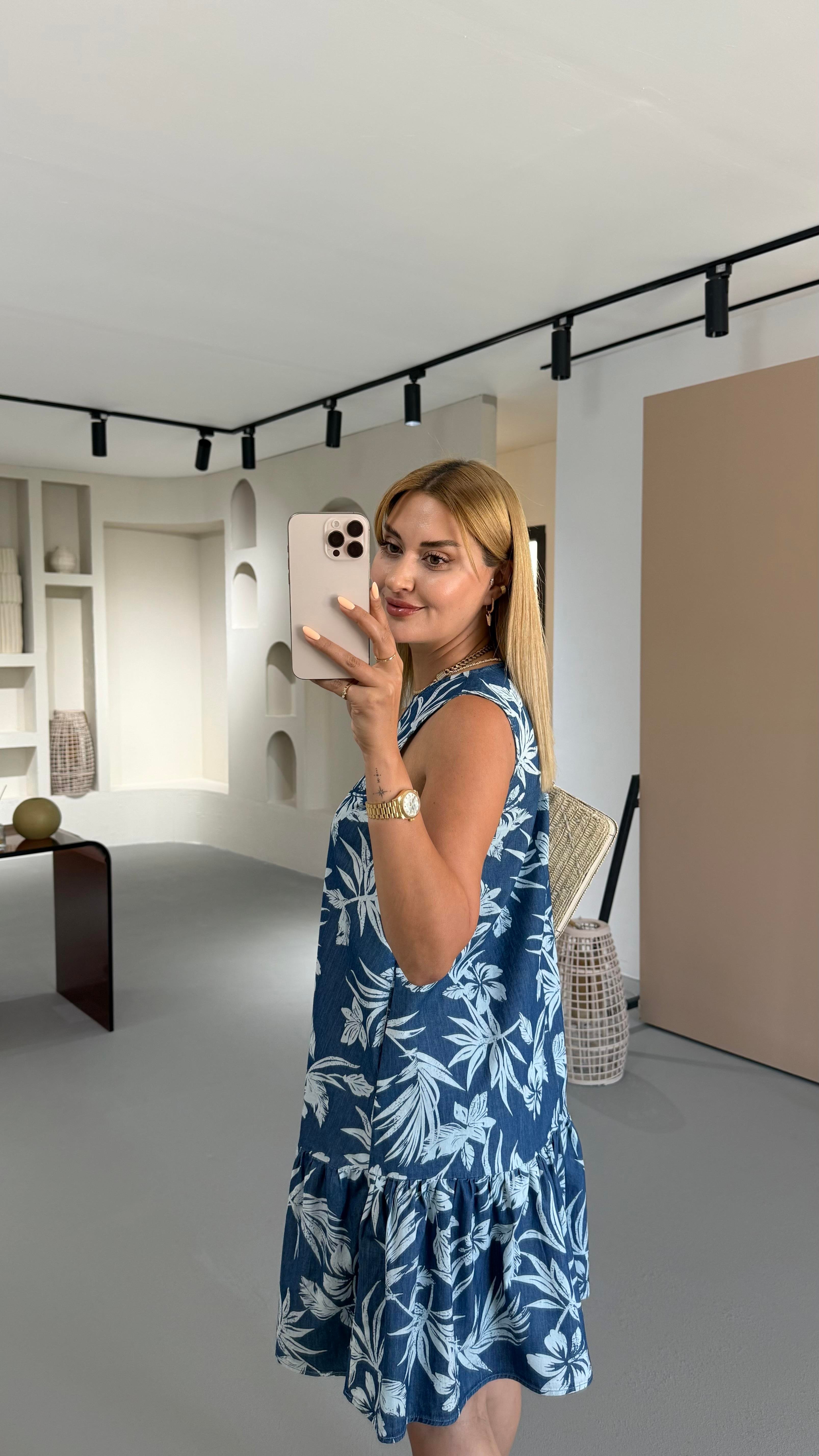 Kolsuz Lacivert Desenli Denim Elbise