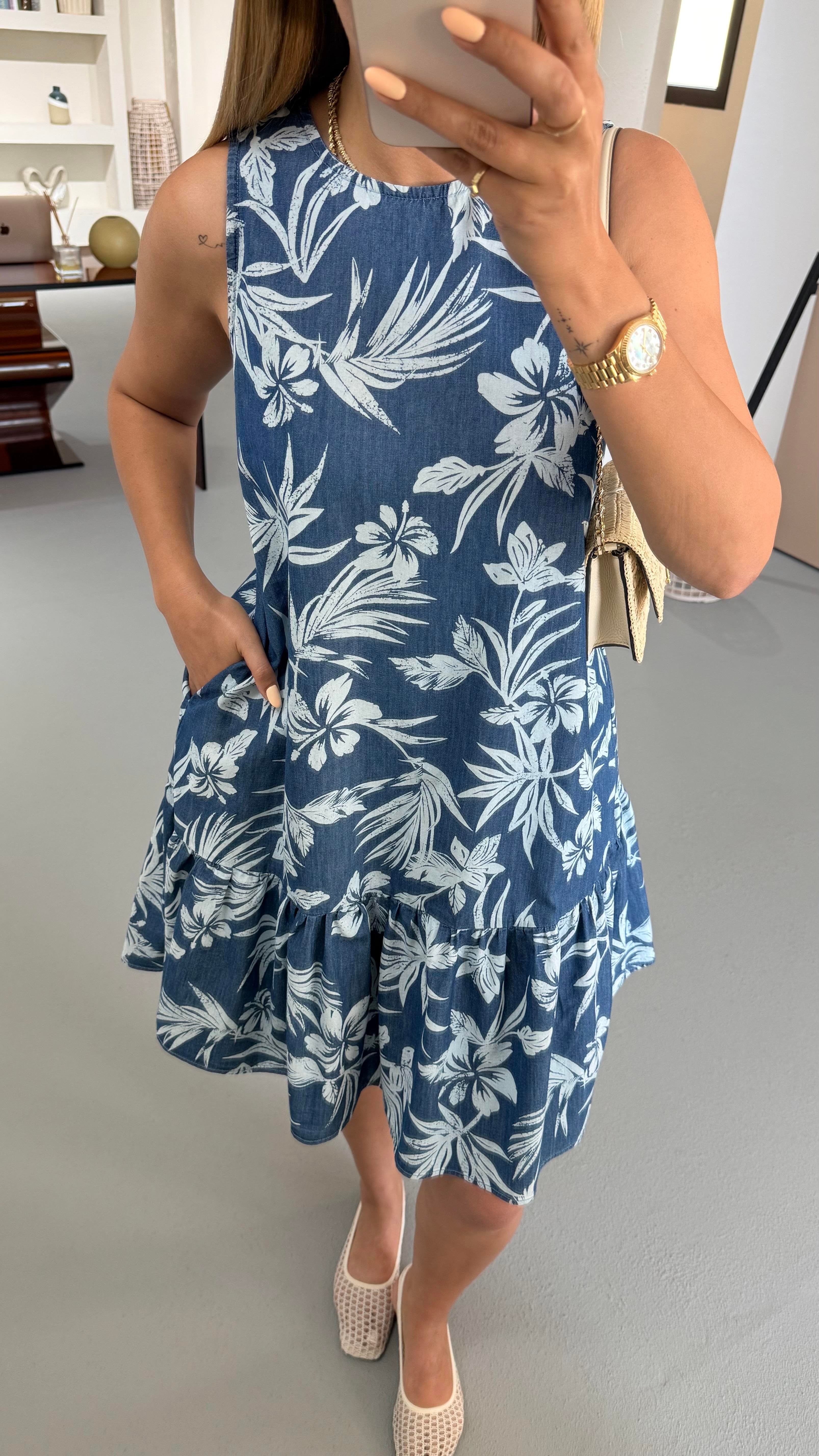 Kolsuz Lacivert Desenli Denim Elbise