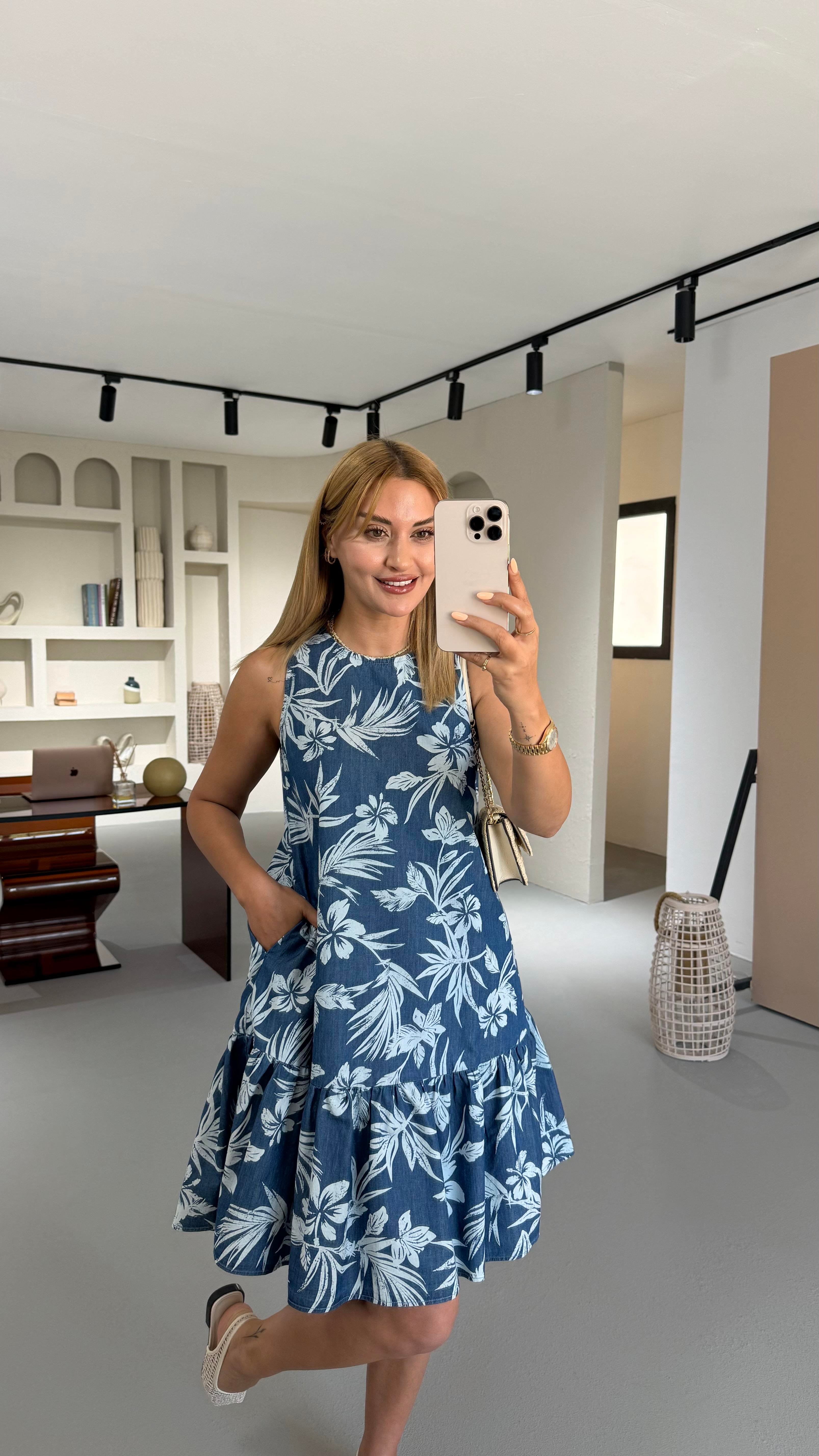 Kolsuz Lacivert Desenli Denim Elbise