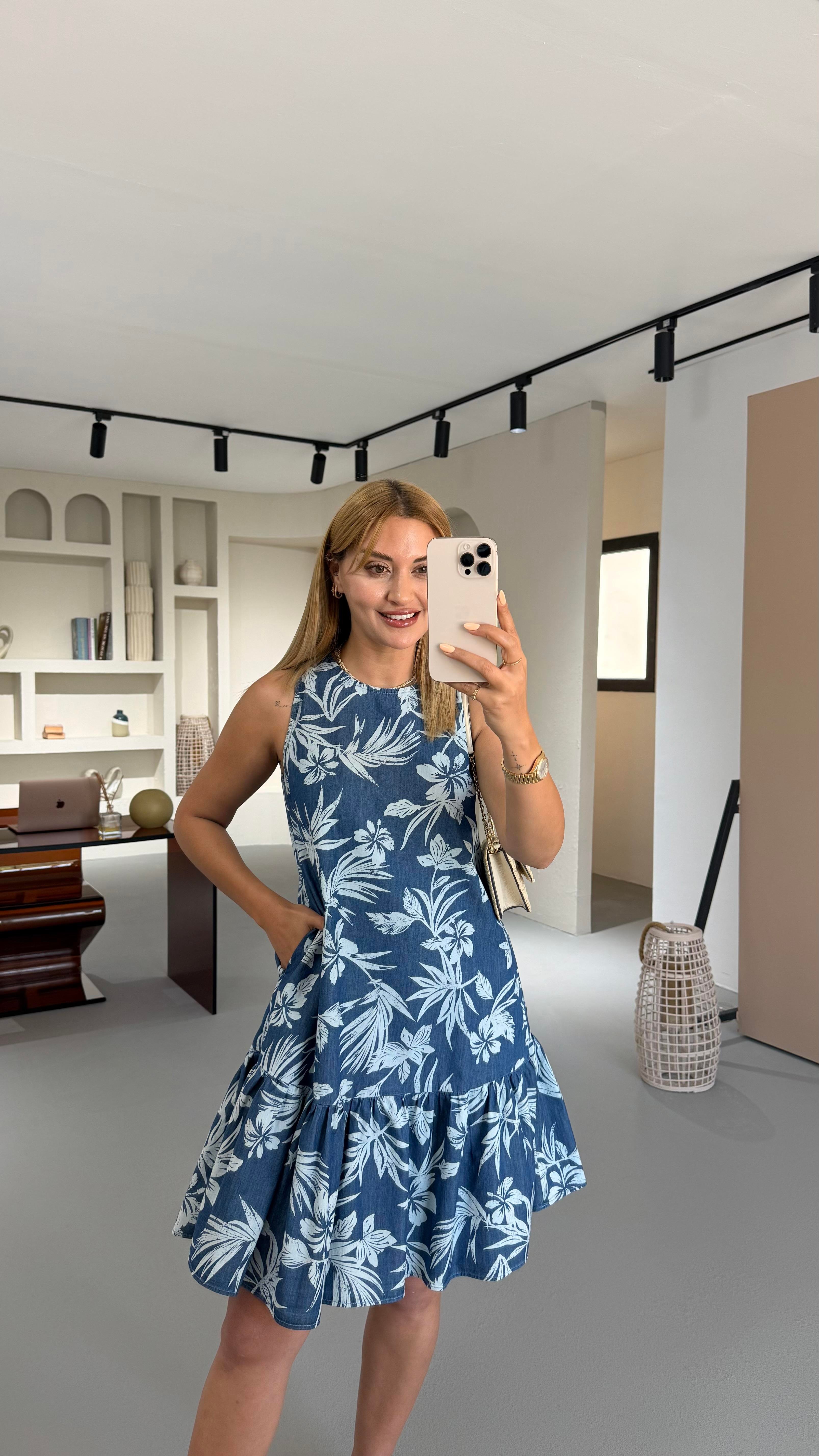 Kolsuz Lacivert Desenli Denim Elbise